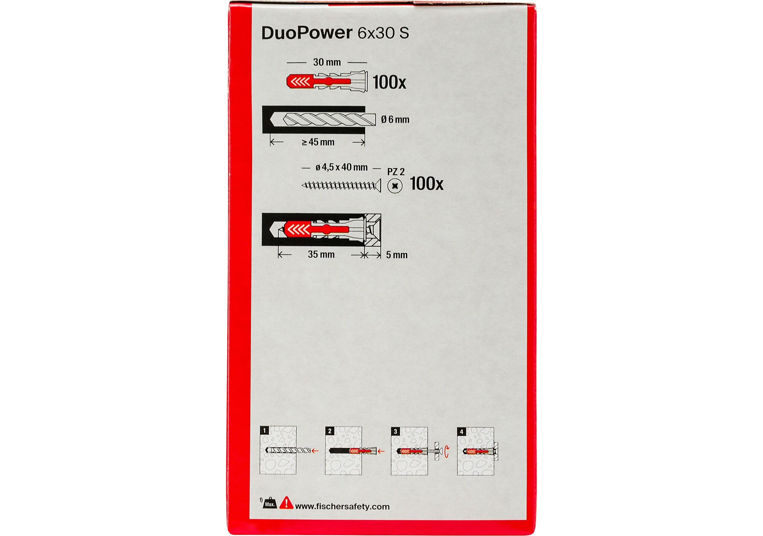 Fischer DuoPower Tasselli con Vite 6x30 mm 100 pezzi per Muro pieno Mattone Forato Cartongesso