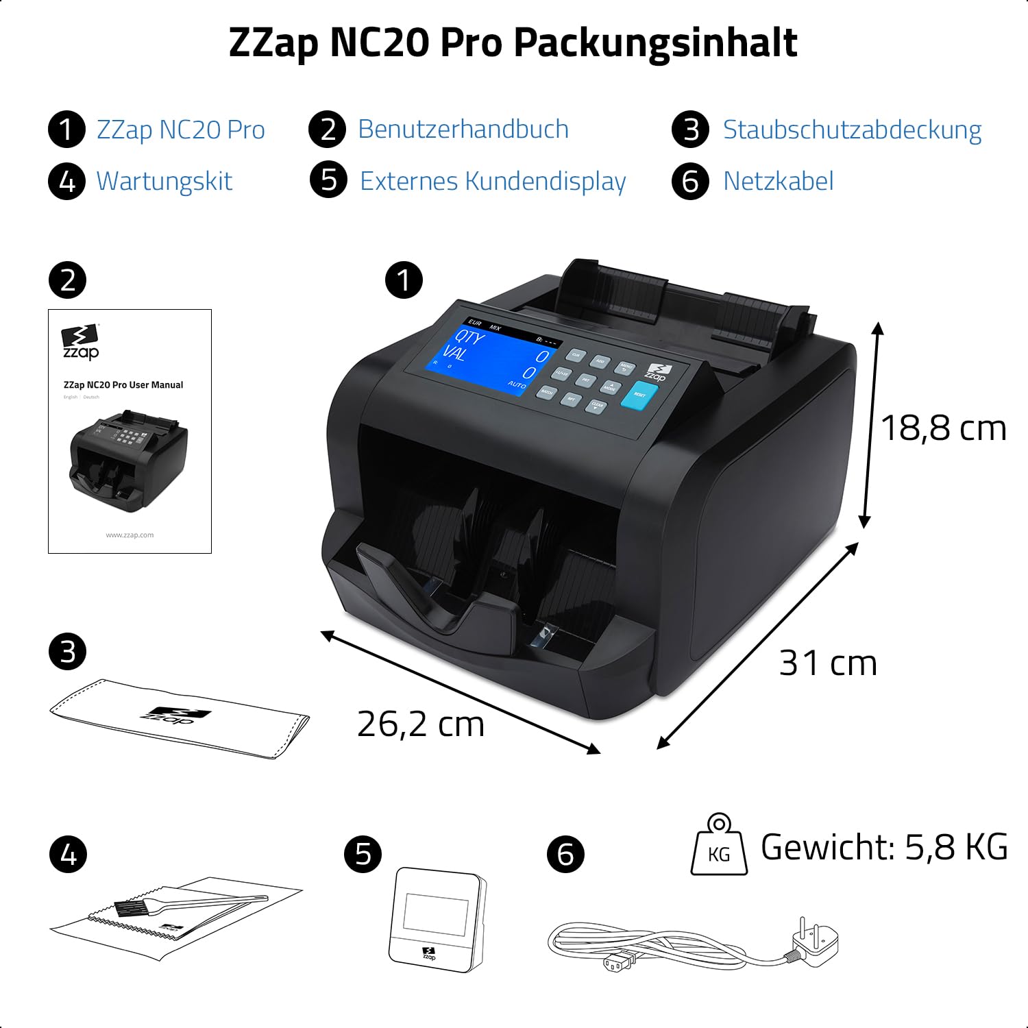 ZZap NC20 Pro Geldscheinzähler für gemischte Stückelungen & Falschgelddetektor - Geldzählmaschine Banknotenzählmaschine Geldzähler Wertzähler