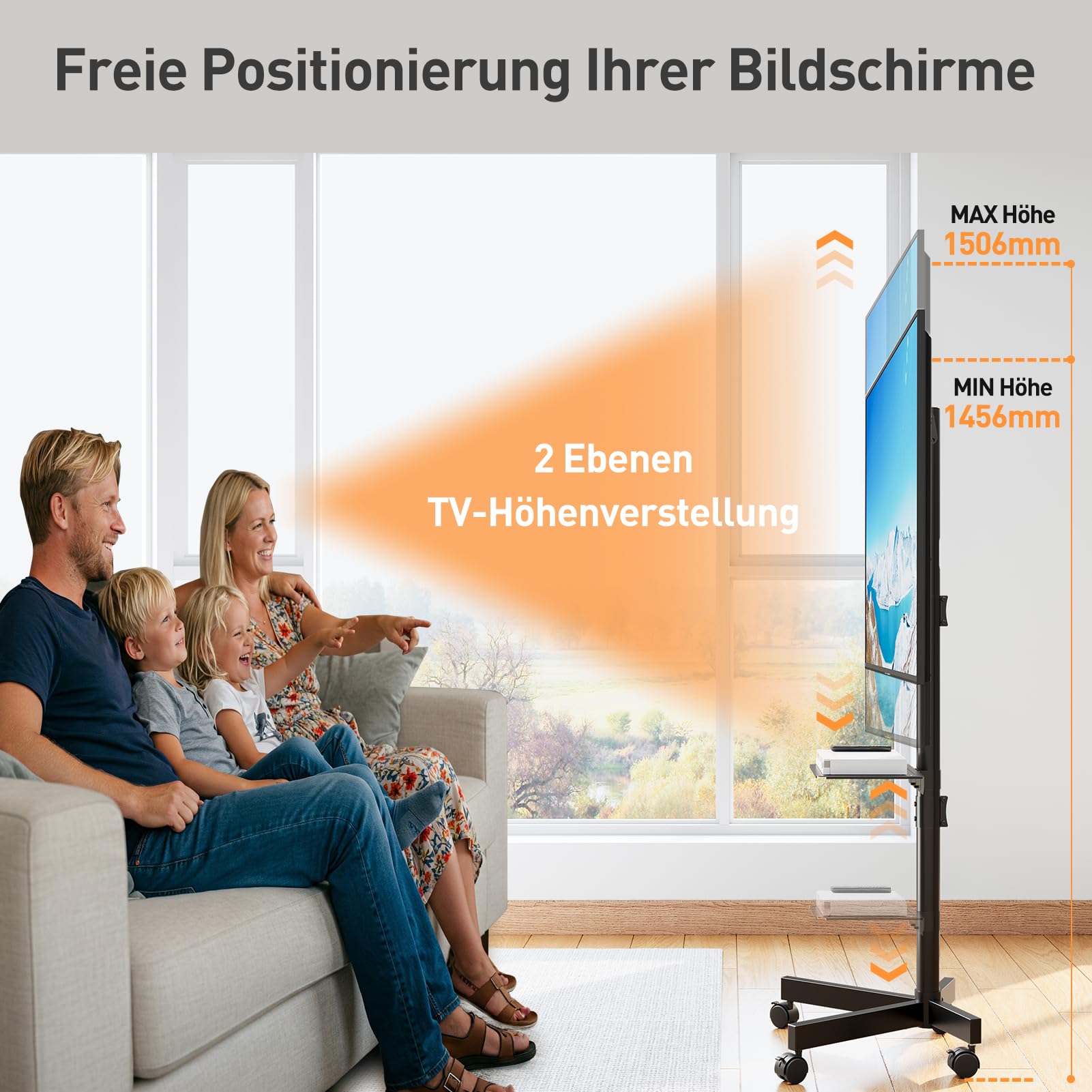 ELIVED TV Ständer Rollbar für 26-60 Zoll Fernseher bis zu 25kg, Max VESA 400x400mm, Mobiler TV Stand mit Rollen Höhenverstellbar Fernseher Bodenständer EV1117