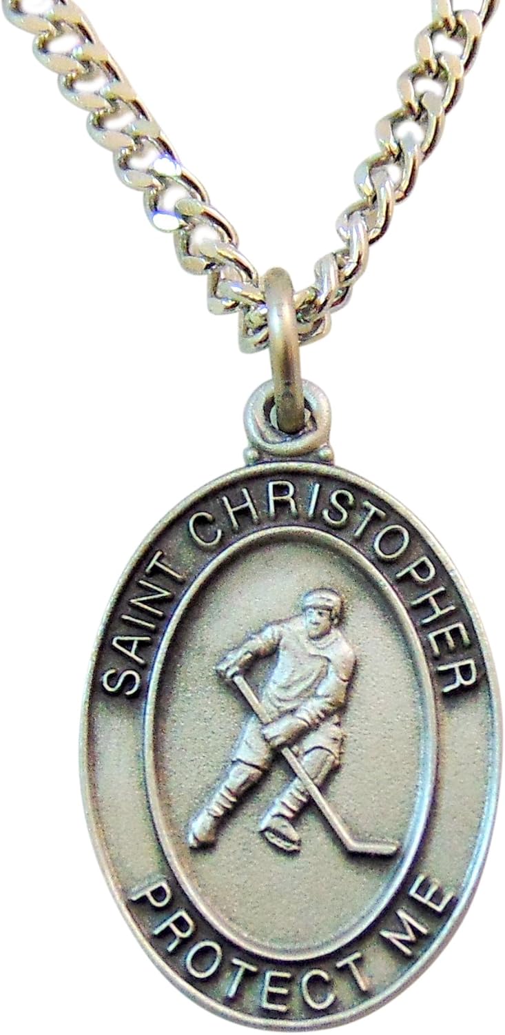 St. Christopher Pewter Boys or Mens Hockey Sports Medal with 24" Chain.