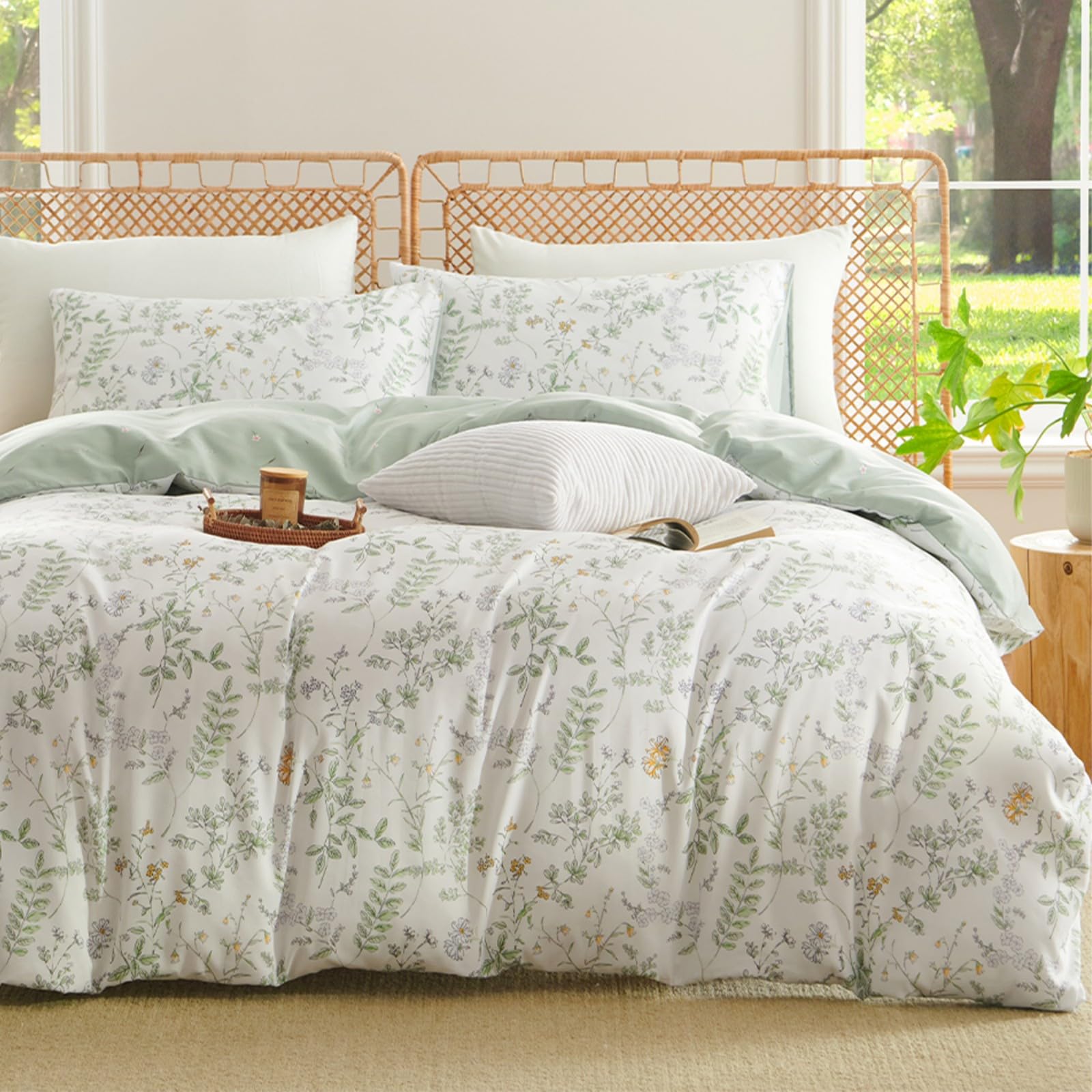 Freyamy Blumen Bettwäsche 135x200cm 2teilig Weiß Grün Bunt Floral Blätter Pflanzen Mädchen Bettwaren-Sets Microfaser Deckenbezug Bettbezug mit Reißverschluss und Kissenbezug 80x80cm