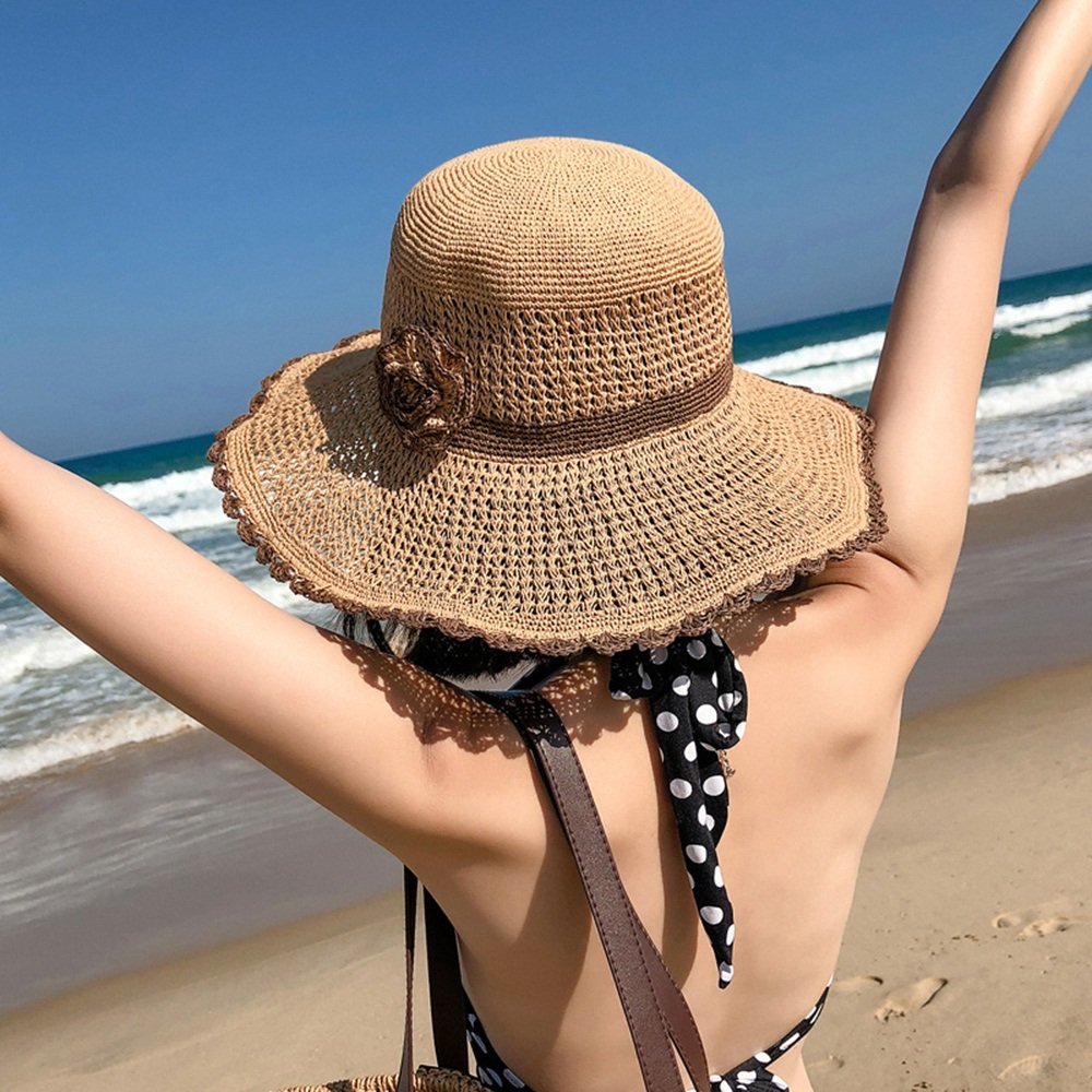 Ms Summer Sun Hat Sombrero de Playa Plegable Sombrero de ala Ancha Forma de Flor Tridimensional Visera Parasol Sombrero de Paja Fresco y Seco (Color : Beige) (Caqui)