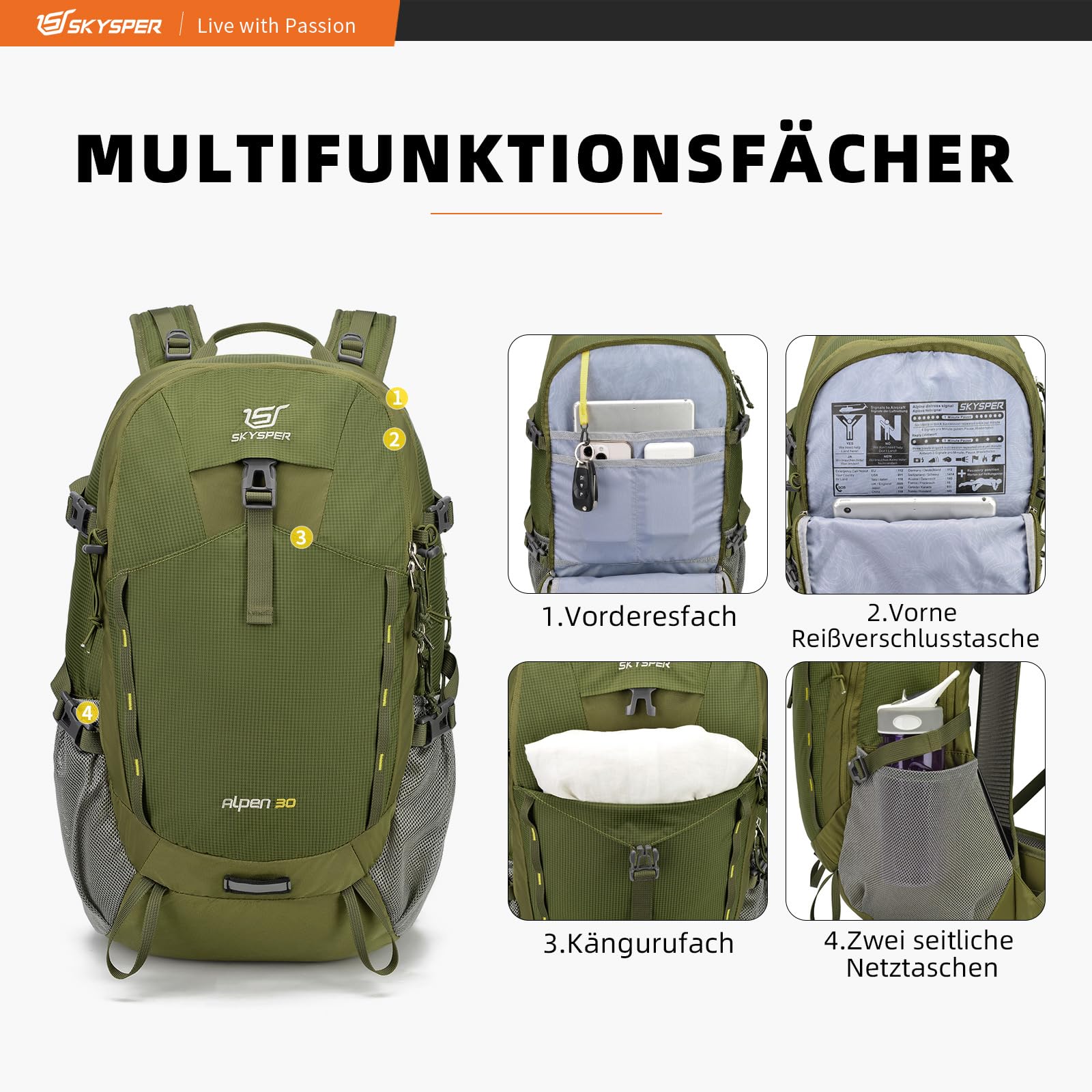 SKYSPER Zaino da Hiking Professionale 30L, Zaino da Trekking Impermeabile con Copri Pioggia Zaino con Ventilazione Posteriore per Escursioni Viaggi Campeggio
