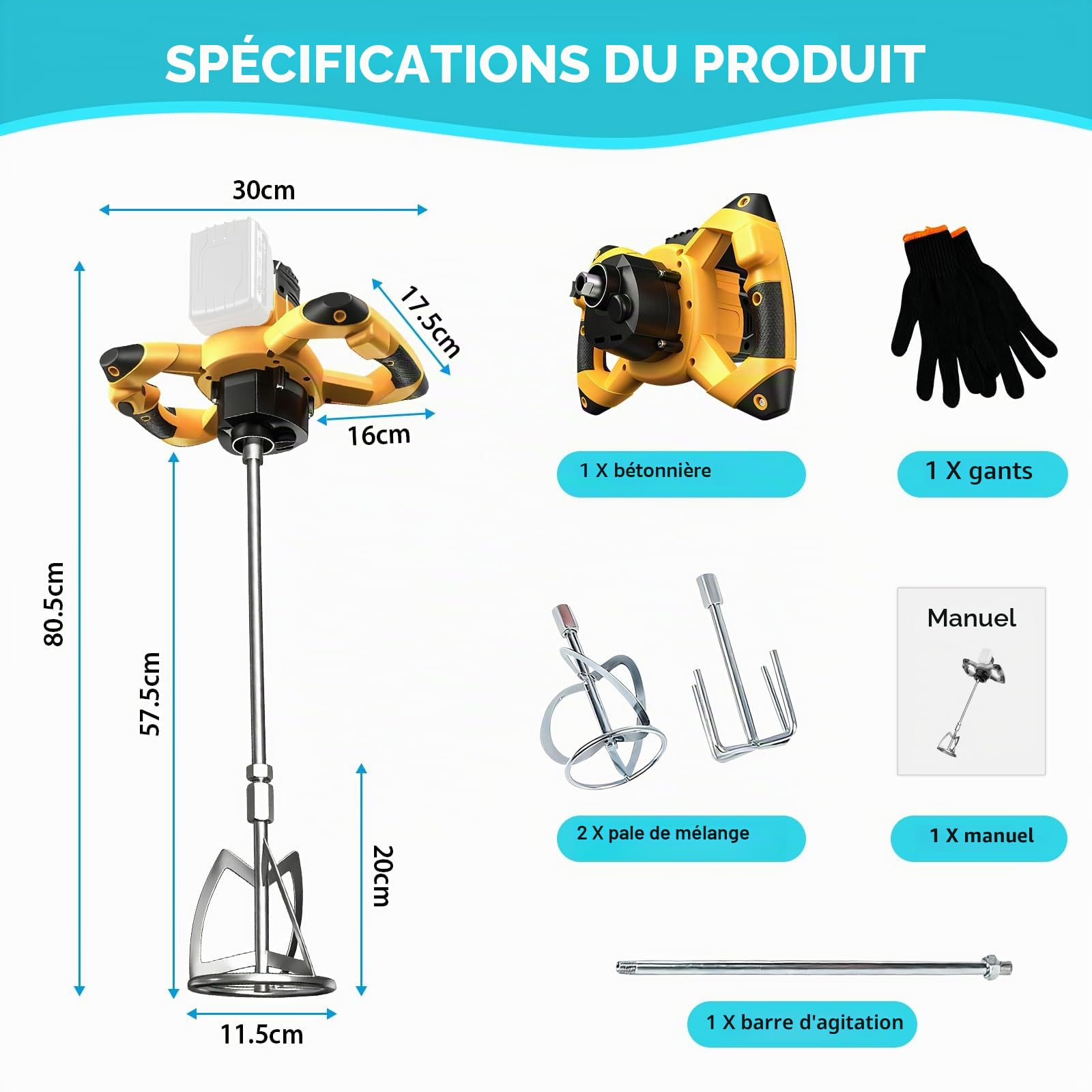 Mélangeur de mortier de couleur sans fil - Compatible avec batterie 20 V - Mélangeur de mortier professionnel sans balais - Avec 6 vitesses - Diamètre : 130 mm - Pour mélanger le plâtre, la colle
