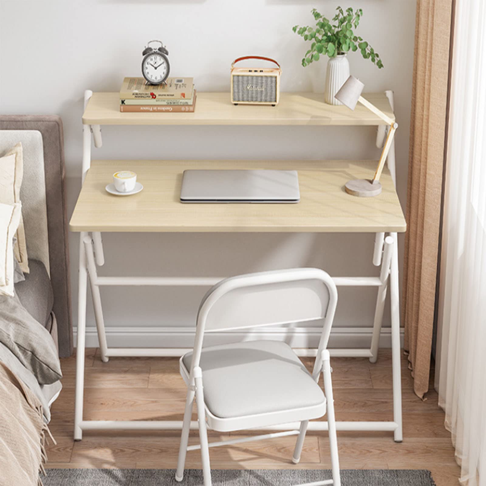 UINGSmall Folding Computer Desk,No Assembly Study Desk With Shelves,Wood Table Metal Frame Laptop Writing Table Workstation For Home Office-C 80x45x93cm(31x18x37inch)