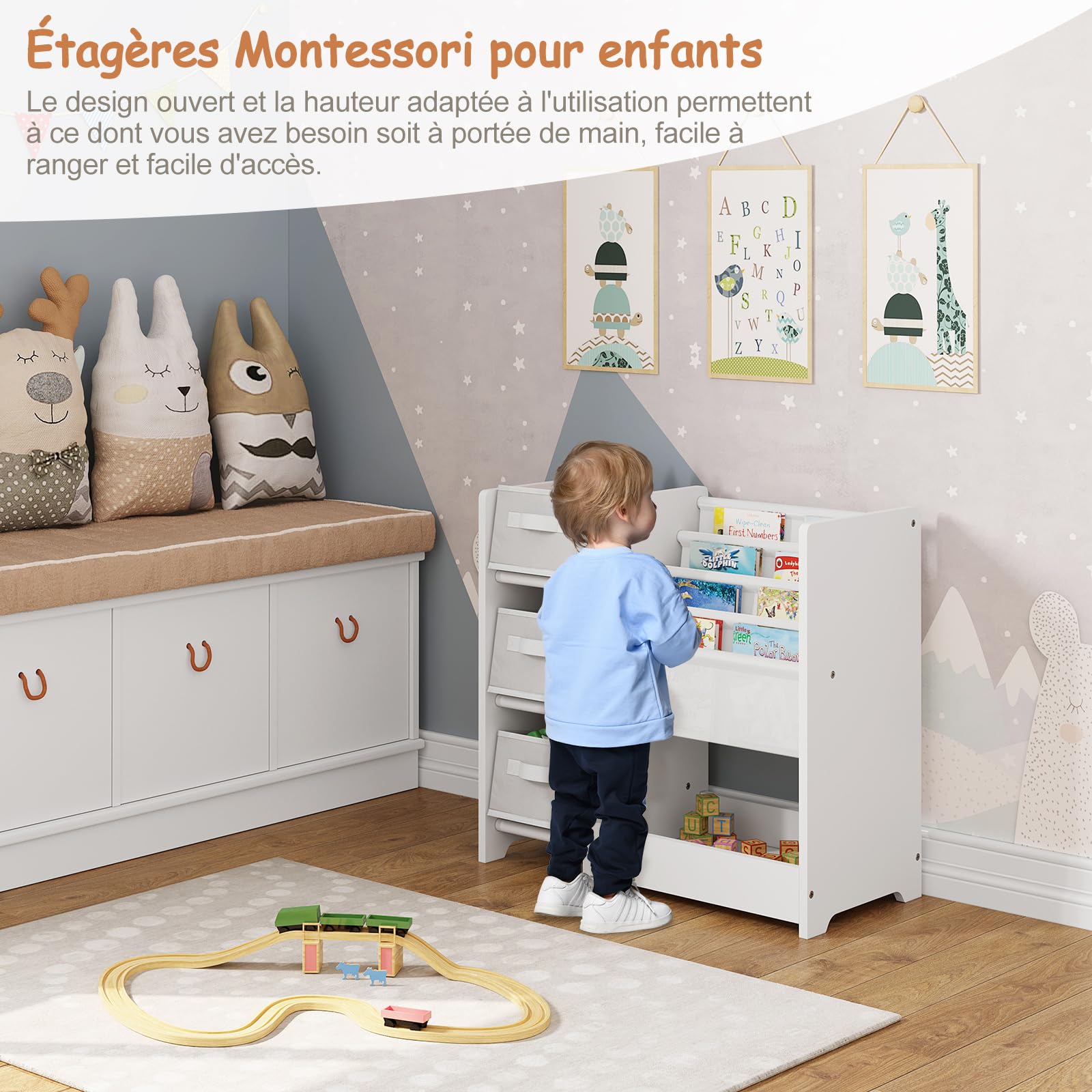 Lestarain Étagère de Rangement pour Jouets et Livres, Bibliothèque pour Enfants avec 3 Boîtes Amovibles en Tissu Non-Tissé, Meuble Montessiri en Bois MDF, 4 Casiers Suspendus, 1 Compartiment, Blanc