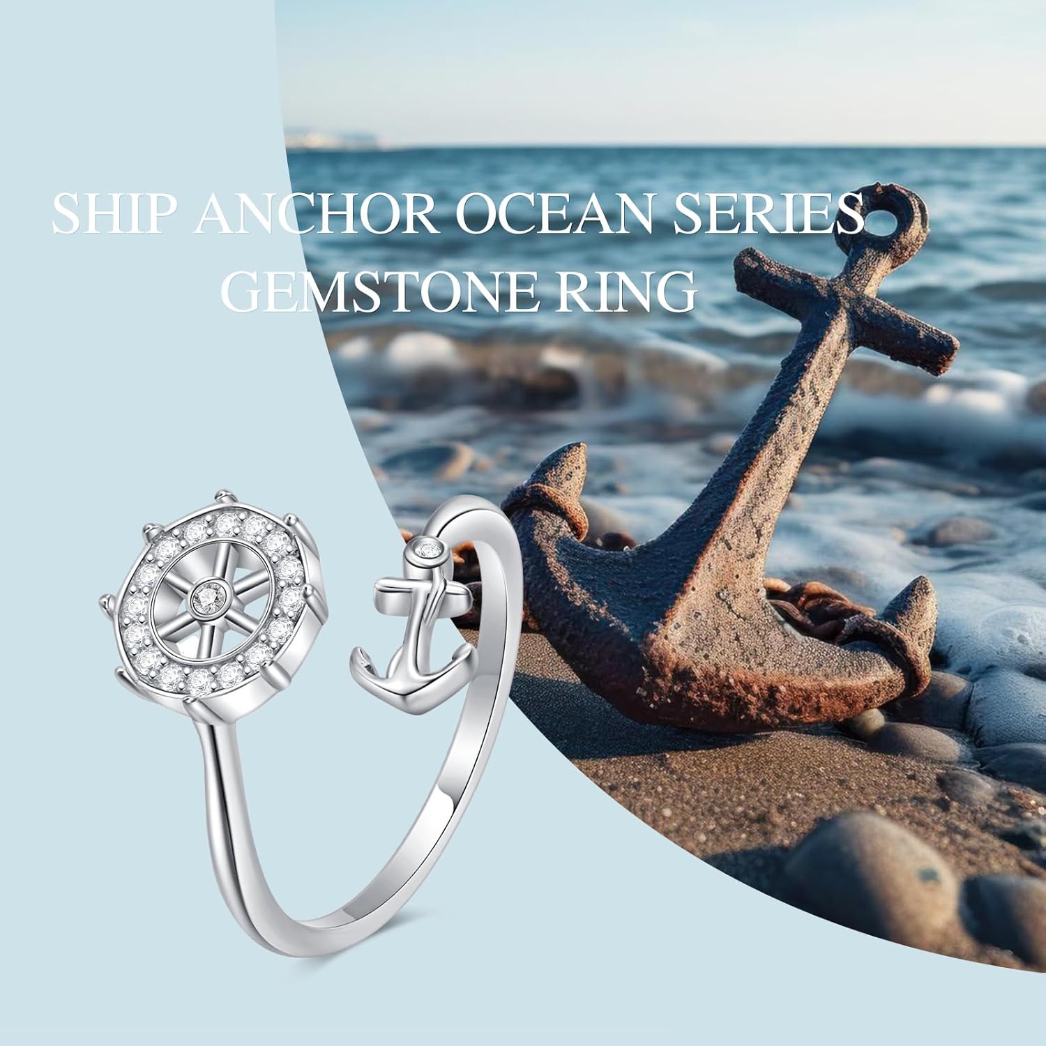 925 Sterling Silver Nautical Anchor Ring for Women Adjustable White Sapphire Open Ring with Blue Gemstone Ring Ocean Sea Minimalist Theme Jewelry - Image 4