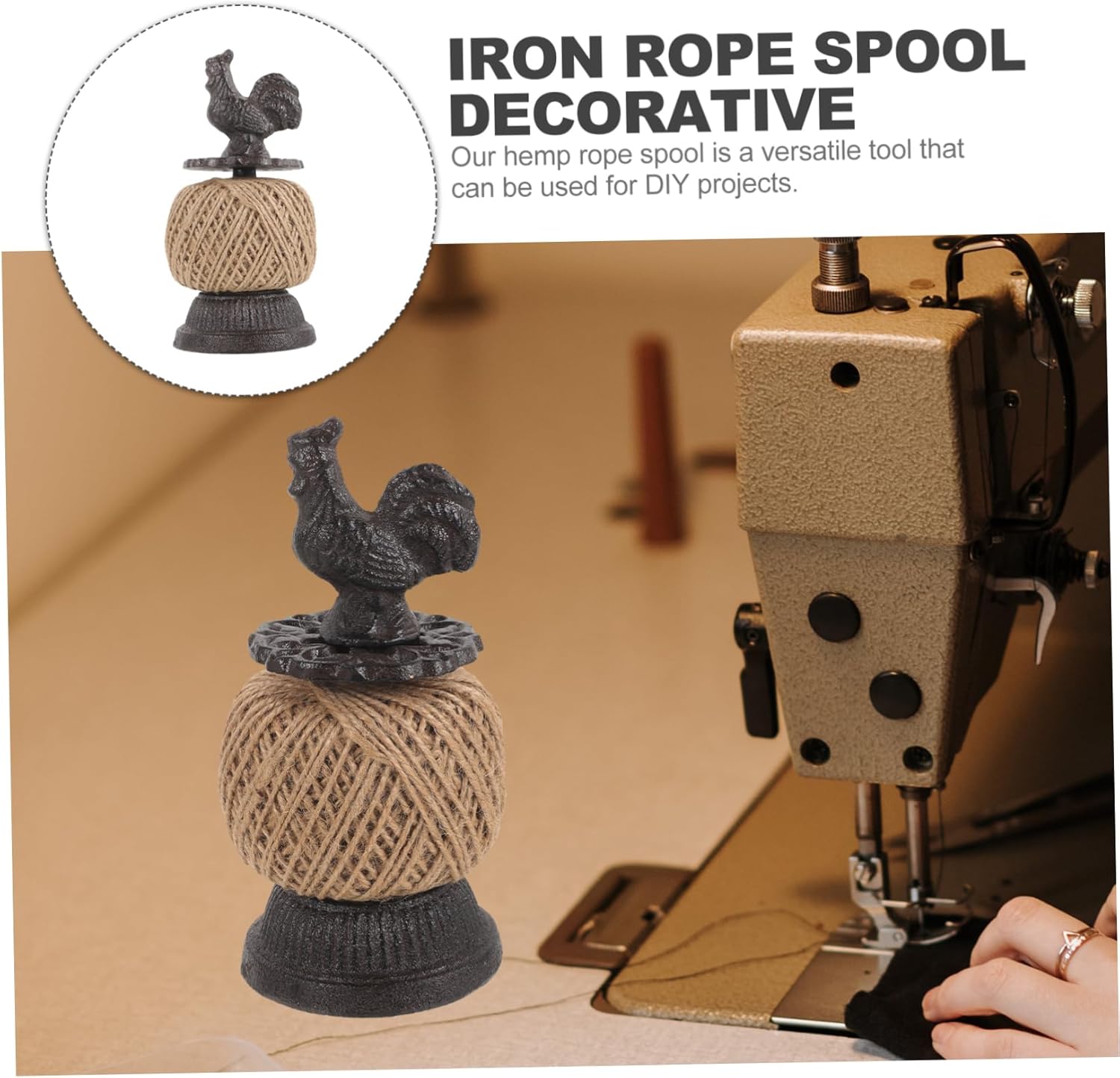 ARTIBETTER Decorative Cast Iron Rooster Twine Spool with Rope Rustic Home Decor Accessory for Crafting Table Centerpiece and Projects