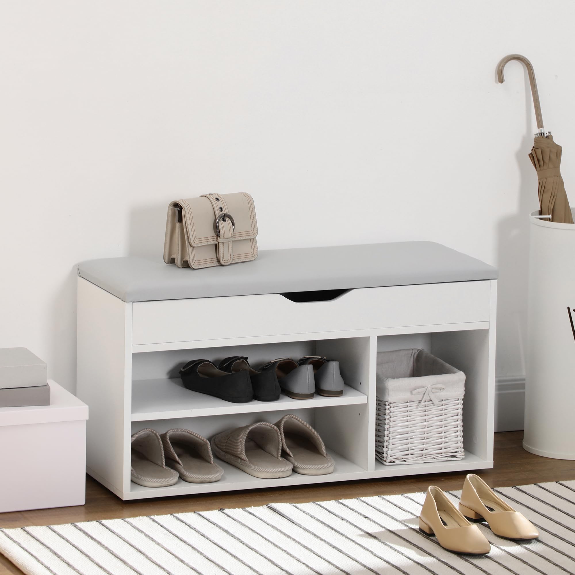 HOMCOM Armario Zapatero para Almacenamiento Banco de Zapatero con Asiento Estantes Cajón y Cojín Dos Niveles para Entrada y Recibidores Moderno Carga MAX 120kg 80x30x43cm Blanco