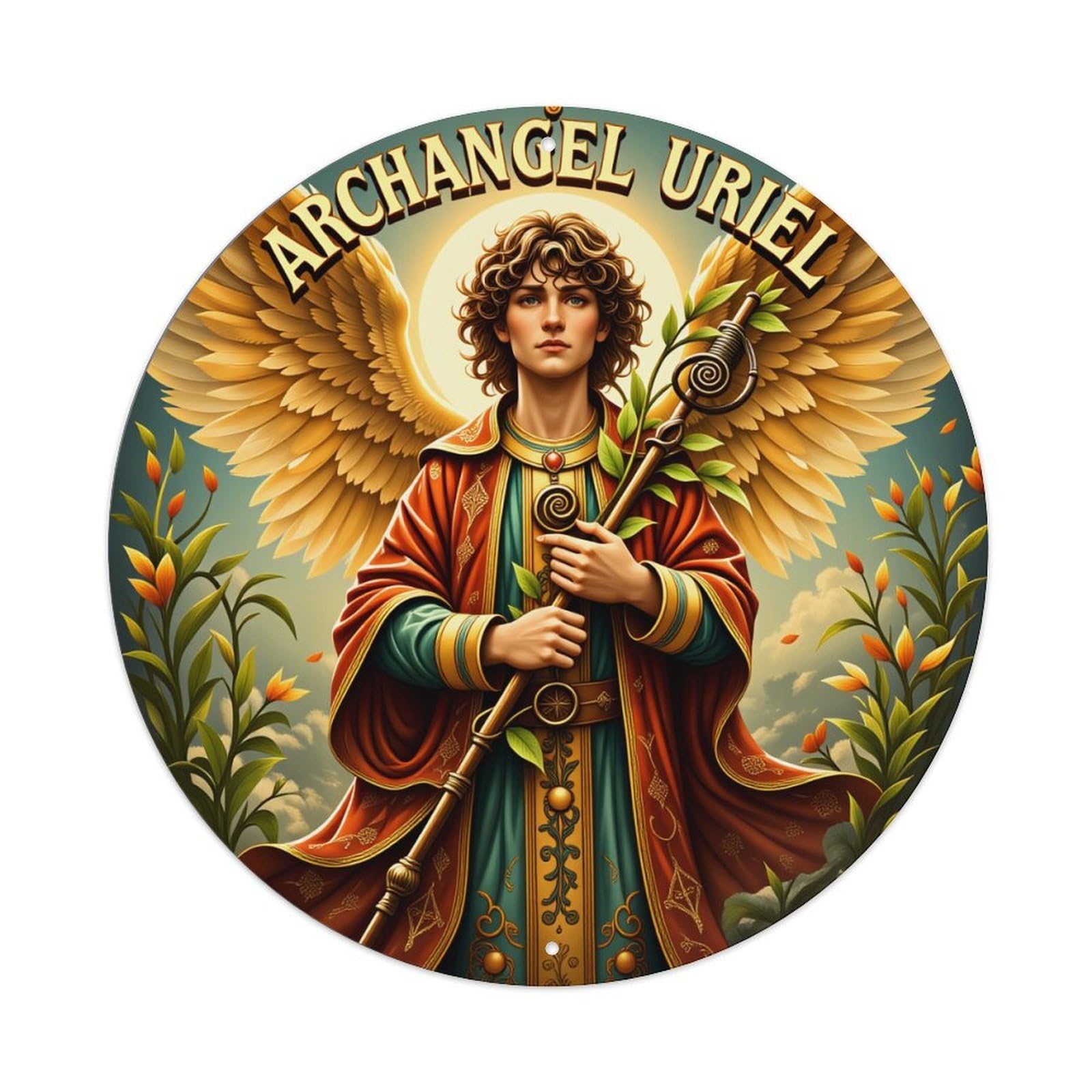 Archangel Uriel With Wings And Staff Round Tin Sign Vintage Style Metal Sign Home Bar Garden Wall Plaque Decor Metal Poster 8x8 Inch
