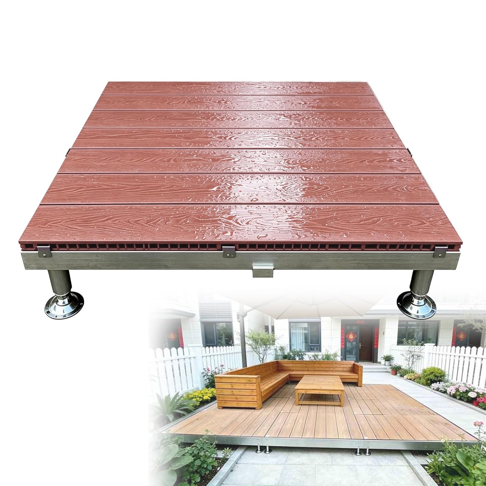 Piattaforma Terrazzo Regolabile 84x84cm Piastrelle WPC Da Giardino Esterno | Con Telaio Metallico E Piedini Regolabili,Portata 500Kg/mq,Rialzato Pavimentazione Modulare Impermeabile(Brown)