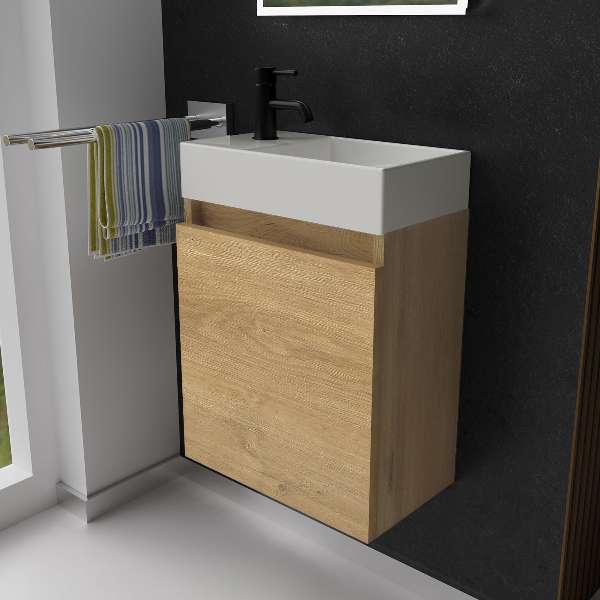 Alpenberger Gäste WC Waschbecken mit Unterschrank 45 cm | Badezimmerschrank Schmal | Badmöbel Set Waschplätze für Kleine Bäder | Waschbeckenunterschrank (Eiche Natur, Waschbecken - Rechte Seite)