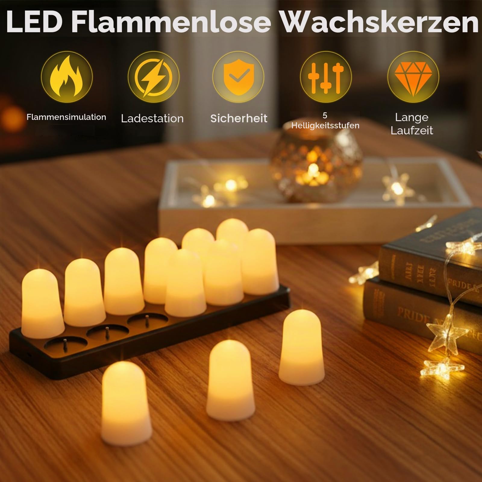 LED Teelichter RGB, 12er Pack, Mehrfarbig mit Warmweiß, Magnetische Aufladbare Basis, Fernbedienung, Ladestation, 5x5x25 cm