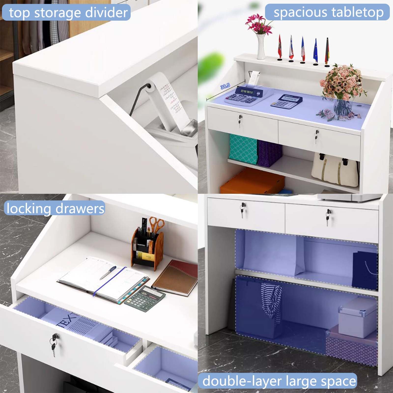 Banco Cassa Moderno, Bancone de Reception con 2 Cassetti e Ripiani di Stoccaggio, Semplice Cashier Tavolo Reception per Office Boutique Negozio Lobby