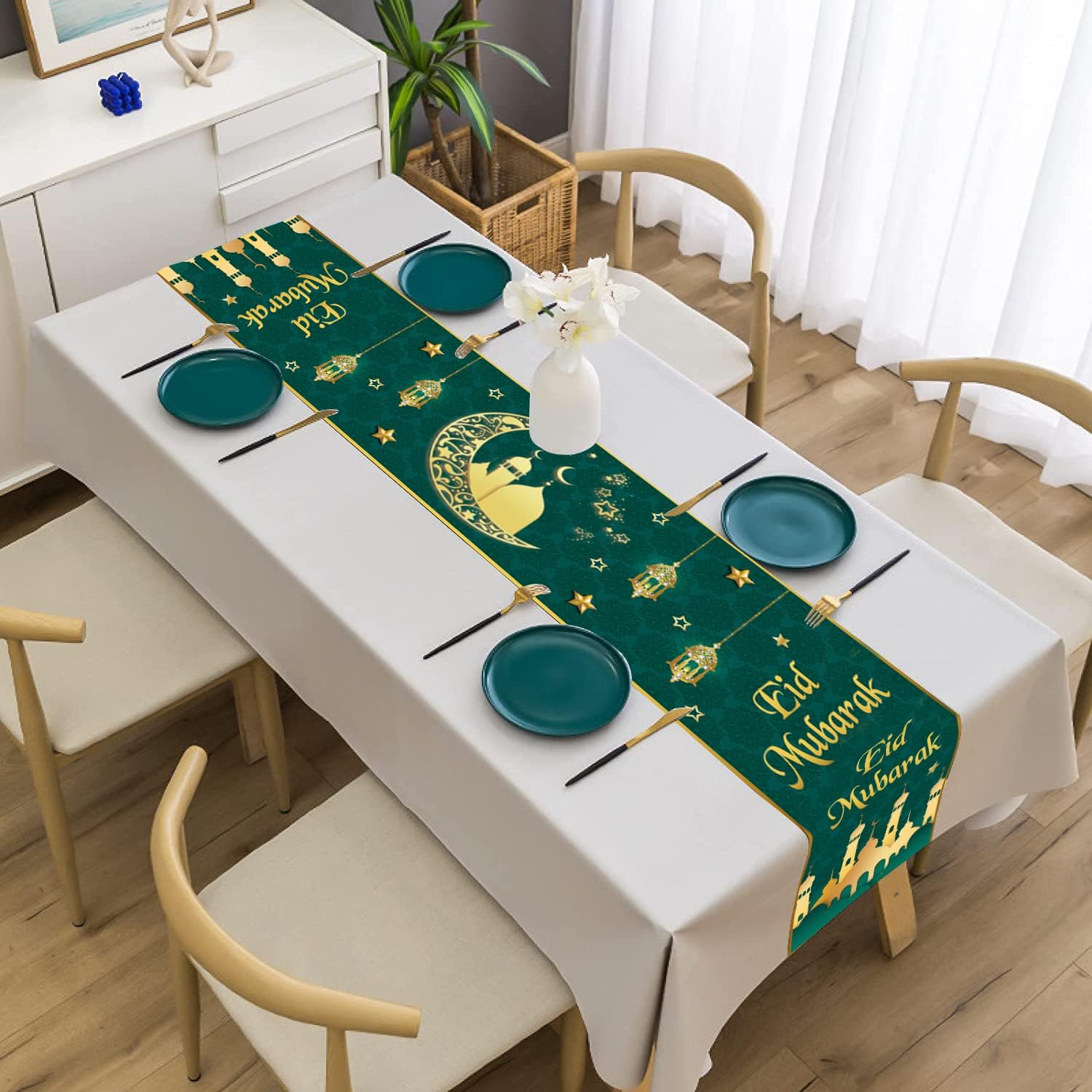 Eid Mubarak Tafelloper van linnen, Ramadan Kareem tafelkleed, moslimitische tafeldecoratie voor thuis, feestdag, islamitische feestdecoratie, zwart