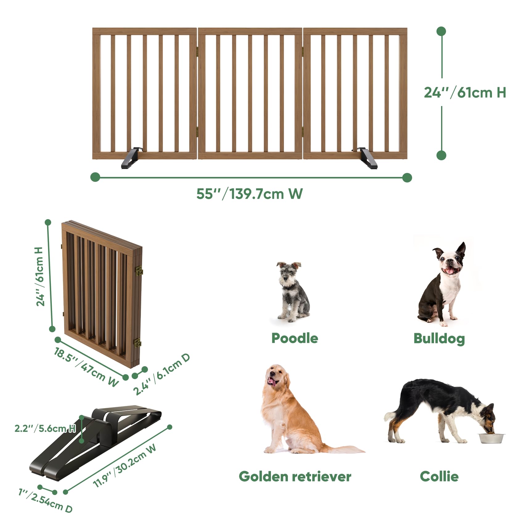 Hohe Hundegitter für Türen, faltbares Hundegitter für den Innenbereich, freistehende Haustiergitter für Türen, Schlafzimmer, Welpengitter mit Metallstützfüßen, Raumteiler, 3 Paneele (dunkles Walnuss)