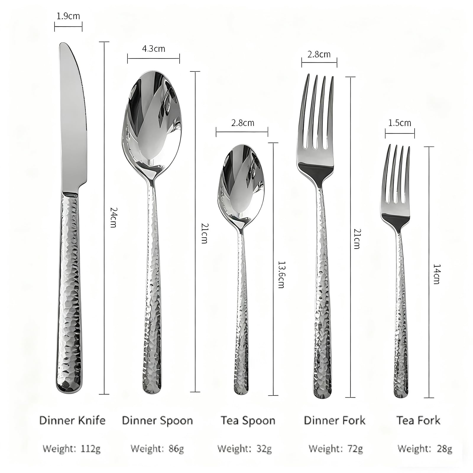 Set de Cubiertos de Acero Inoxidable Martillado de 5 Piezas - Vajilla Individual con Cuchillo, Tenedor y Cucharas - Utensilios Plateados Pulidos para Comer en Casa, Esenciales de Cocina