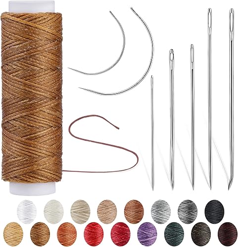 Ftyiwu Hilo encerado de 32 yardas, hilo encerado de cuero con agujas de coser a mano, juego de hilos de coser de cuero para tapicería del hogar,