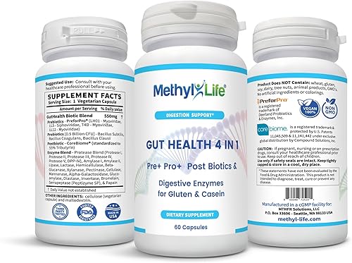 Miniatura 5 de Suplemento para la salud intestinal de butirato de apoyo al microbioma 4 en 1 (60 cápsulas)  Mezcla prebiótica probiótica posbiótica con enzimas