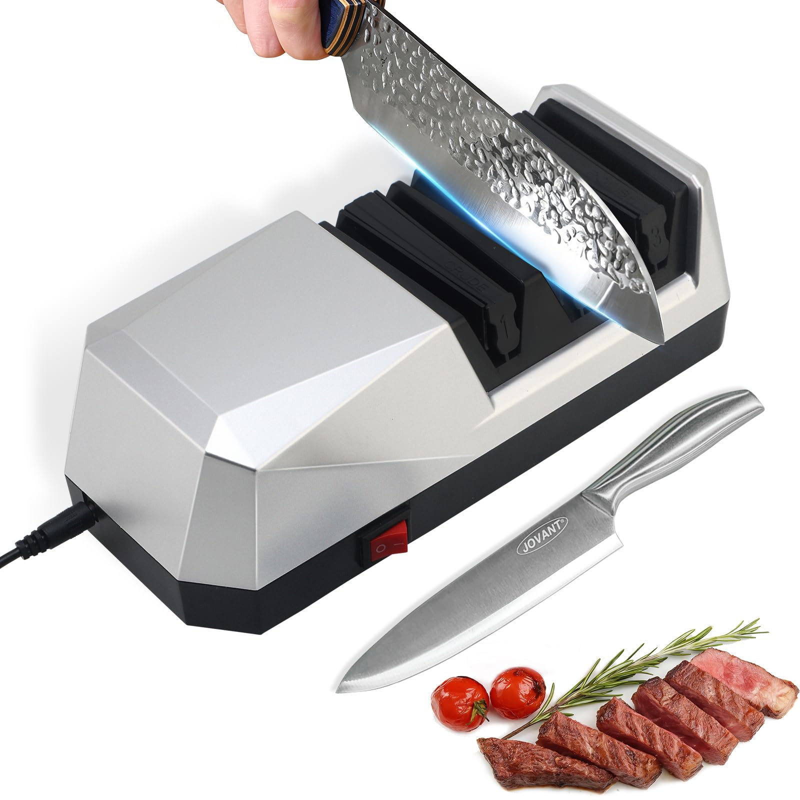 Electric Knife Sharpener with 3-step Sharpening System and Diamond Abrasives Suitable for Most Metal and Ceramic Knives The