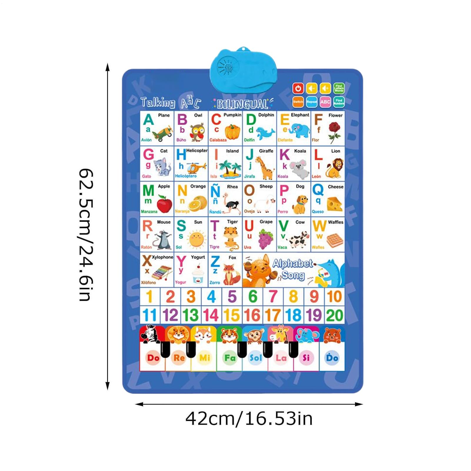Tablero de Pared parlante - Interactivo bilingüe, póster del Alfabeto, Aprendizaje Musical en español e inglés | Aula, guardería, hogar, Sala de Juegos, cumpleaños