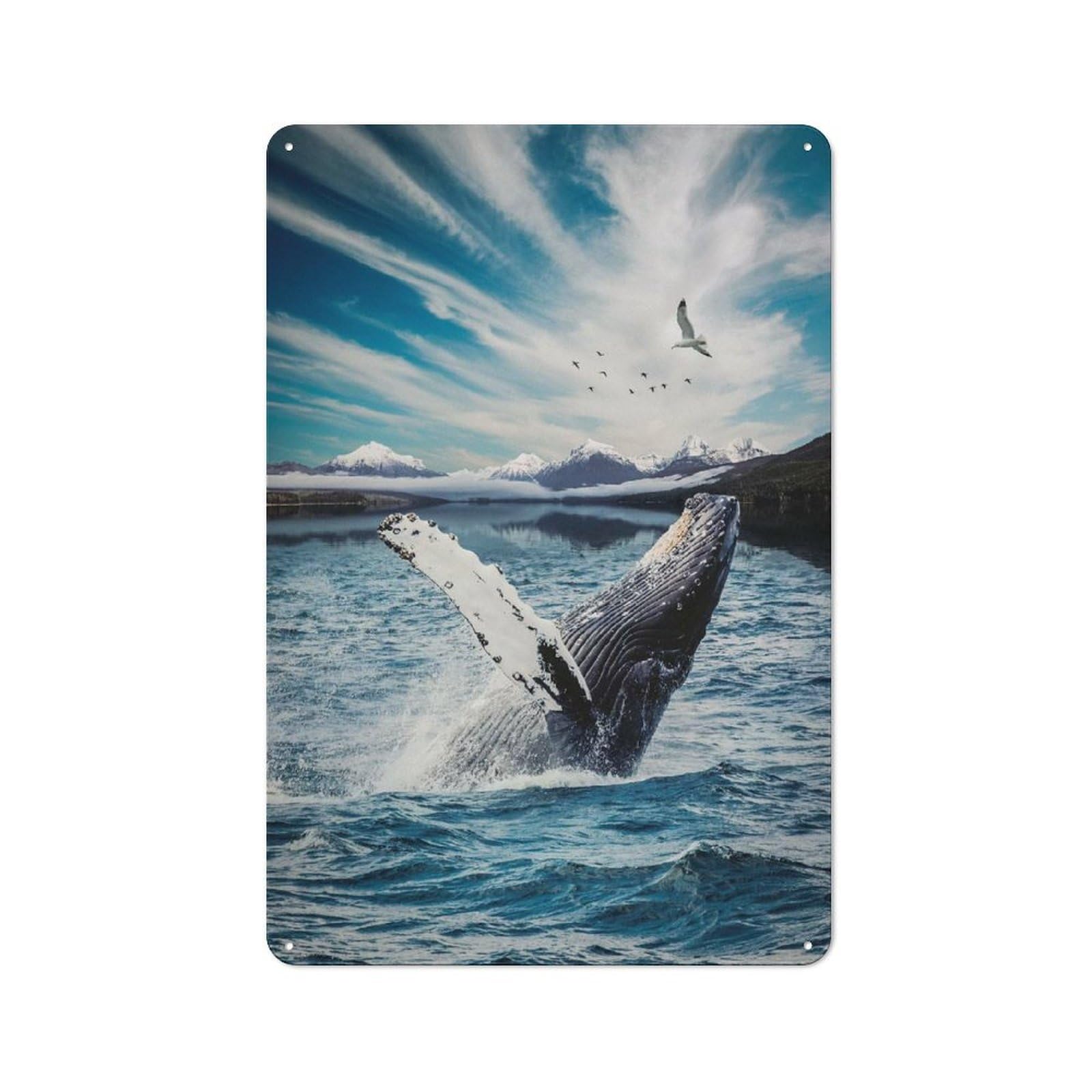 Metal Wall Art Sign with Ocean Whale Design 30x20cm, Urban Industrial Wall Decor for Workspace, Cafe, Hallway Or Garage