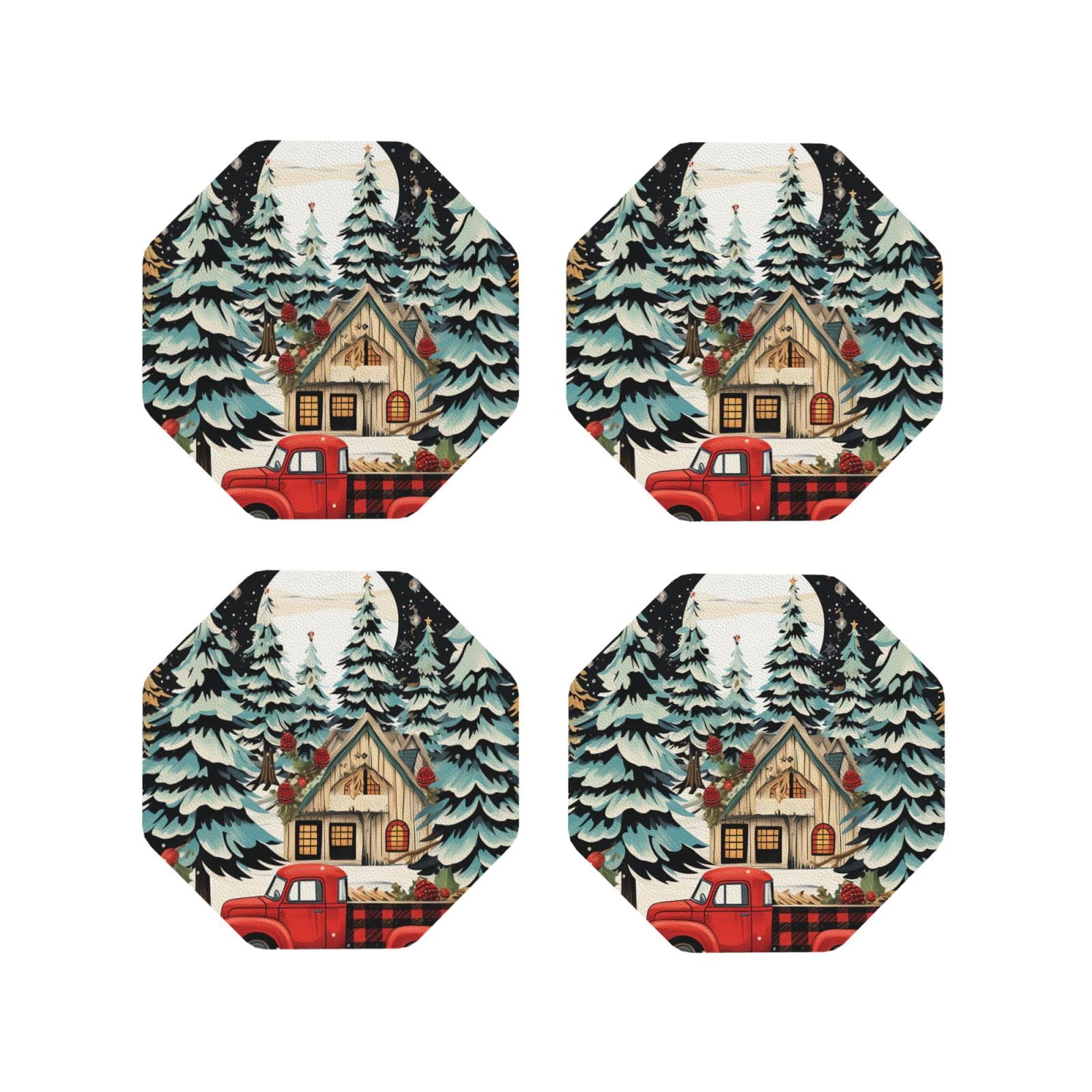 4pcs Drink Coasters for Tabletop Protection, 4" Leather Coasters for Drinks, Farmhouse Christmas Cup Coasters for Coffee Table Decor, Non-Slip Drinking Cup Mat for Hot Or Cold Drink