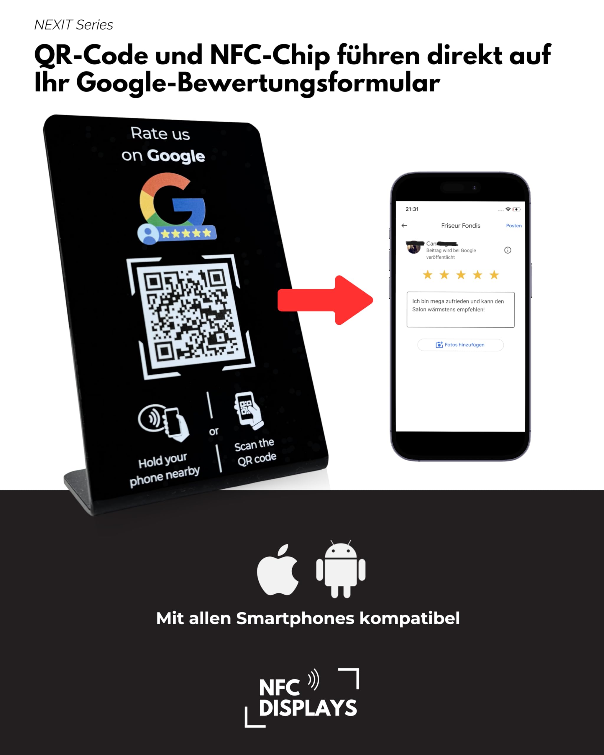 Aufsteller für Google Bewertungen mit QR-Code und NFC-Chip (Englisch) 16,5 x 10,5 cm - schwarz