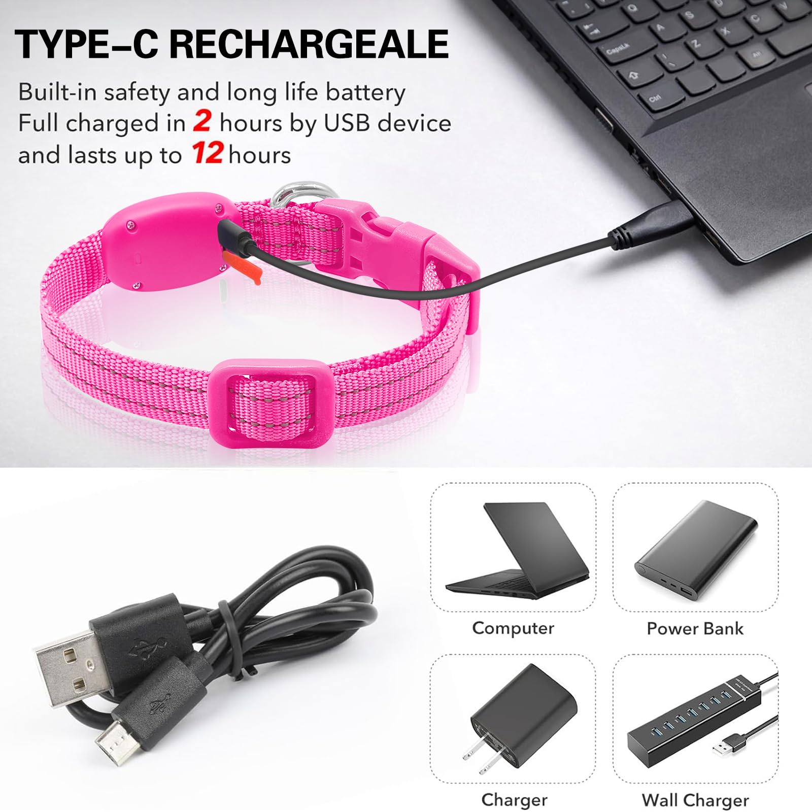 Domi - Collar de Perro con Luces LED, Recargable por USB, Brilla en la Oscuridad, Collares Reflectantes Intermitentes Ajustables para Tus Perros y gatos pequeños (XS, Rosa)
