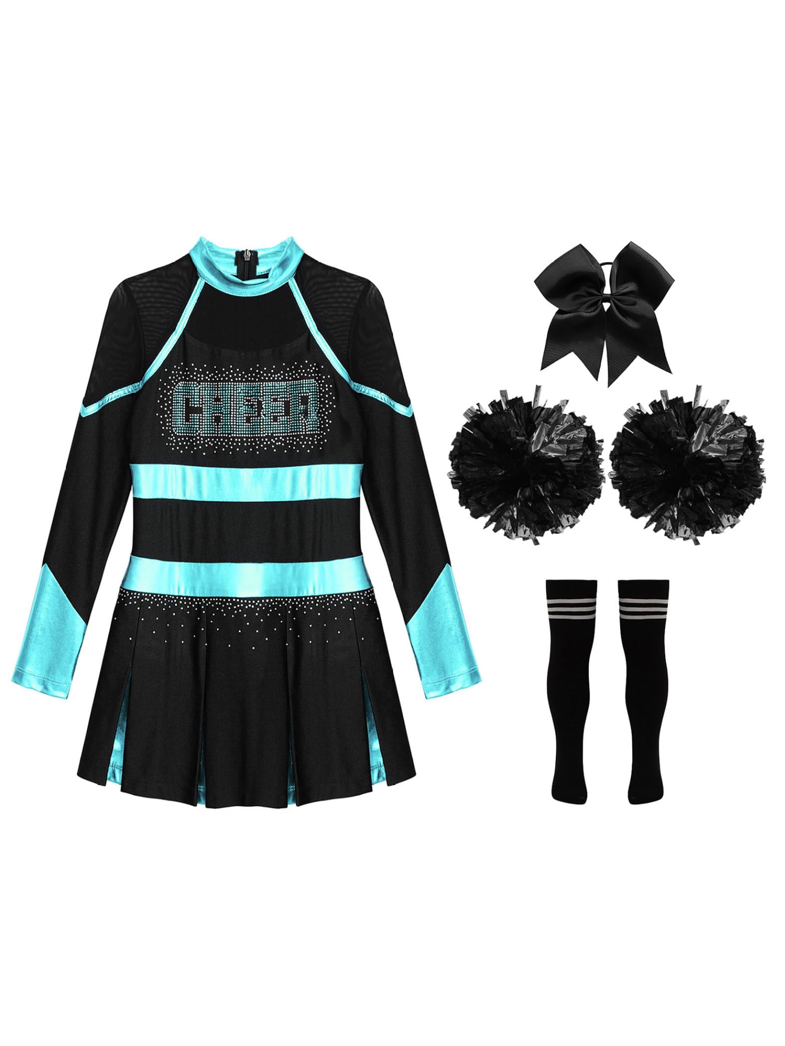 Mädchen Kostüm Cheer Leader Kinder Kleid Glitzer mit Pompons Tanzkleid Cheerleading Outfit Set Karneval Halloween Faschingskostüme
