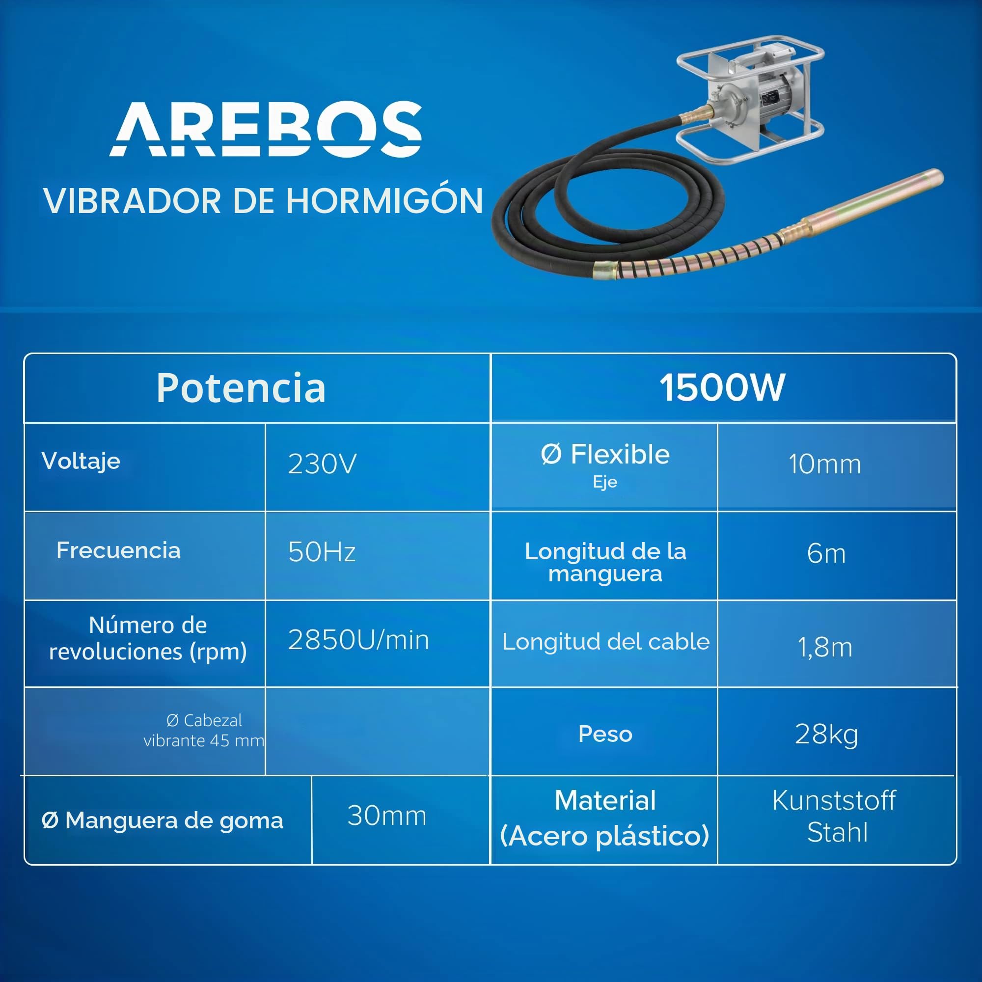 Arebos Vibrador de hormigón | Aguja vibrante electrica | Vibrador de construcción eléctrico | 1500W | longitud de varilla vibratoria de 6m | para concreto