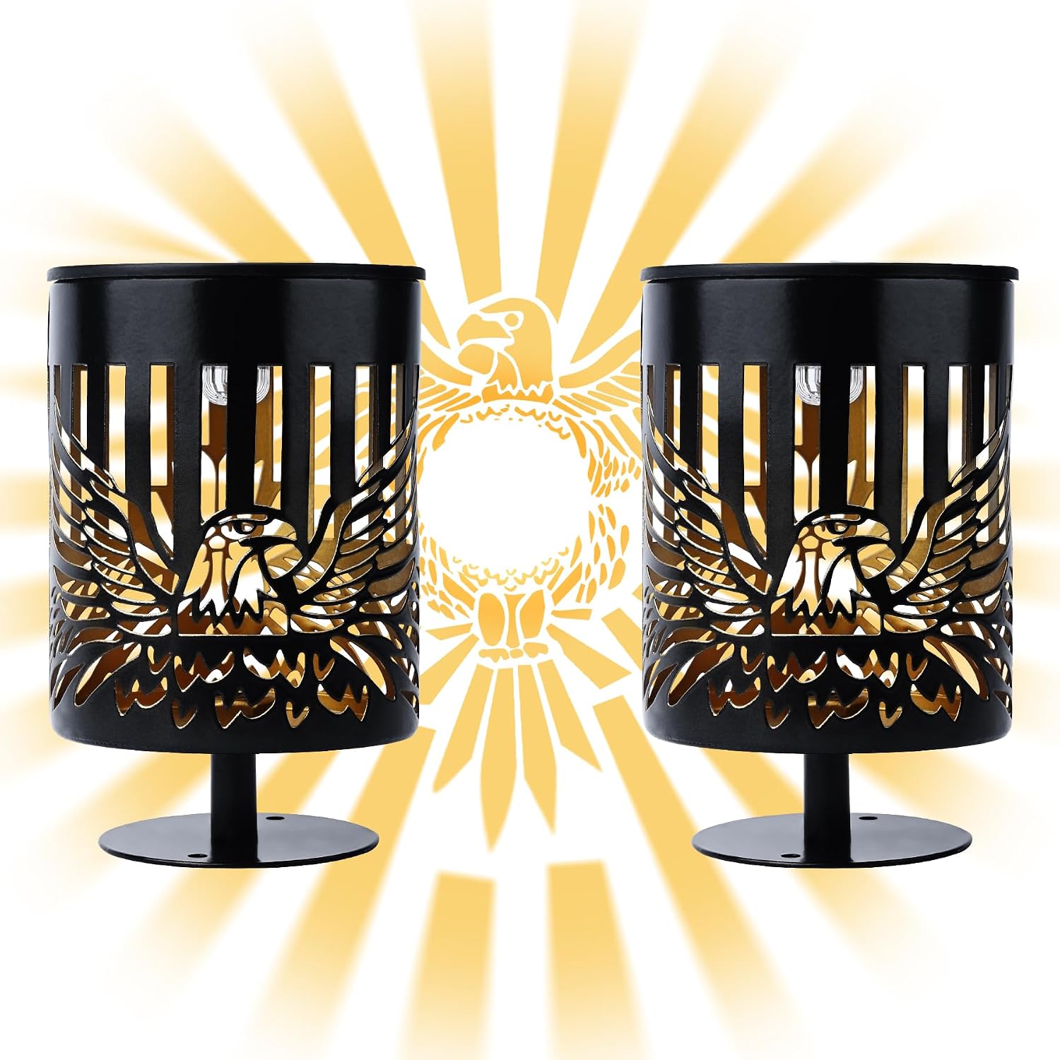 Solar Fence Lights 2 Pack, Outdoor Deck Step Wall Lights, Metal Waterproof LED Warm Yellow Light for Garden Post Patio Backyard Yard Decor (Eagle-2, 2)