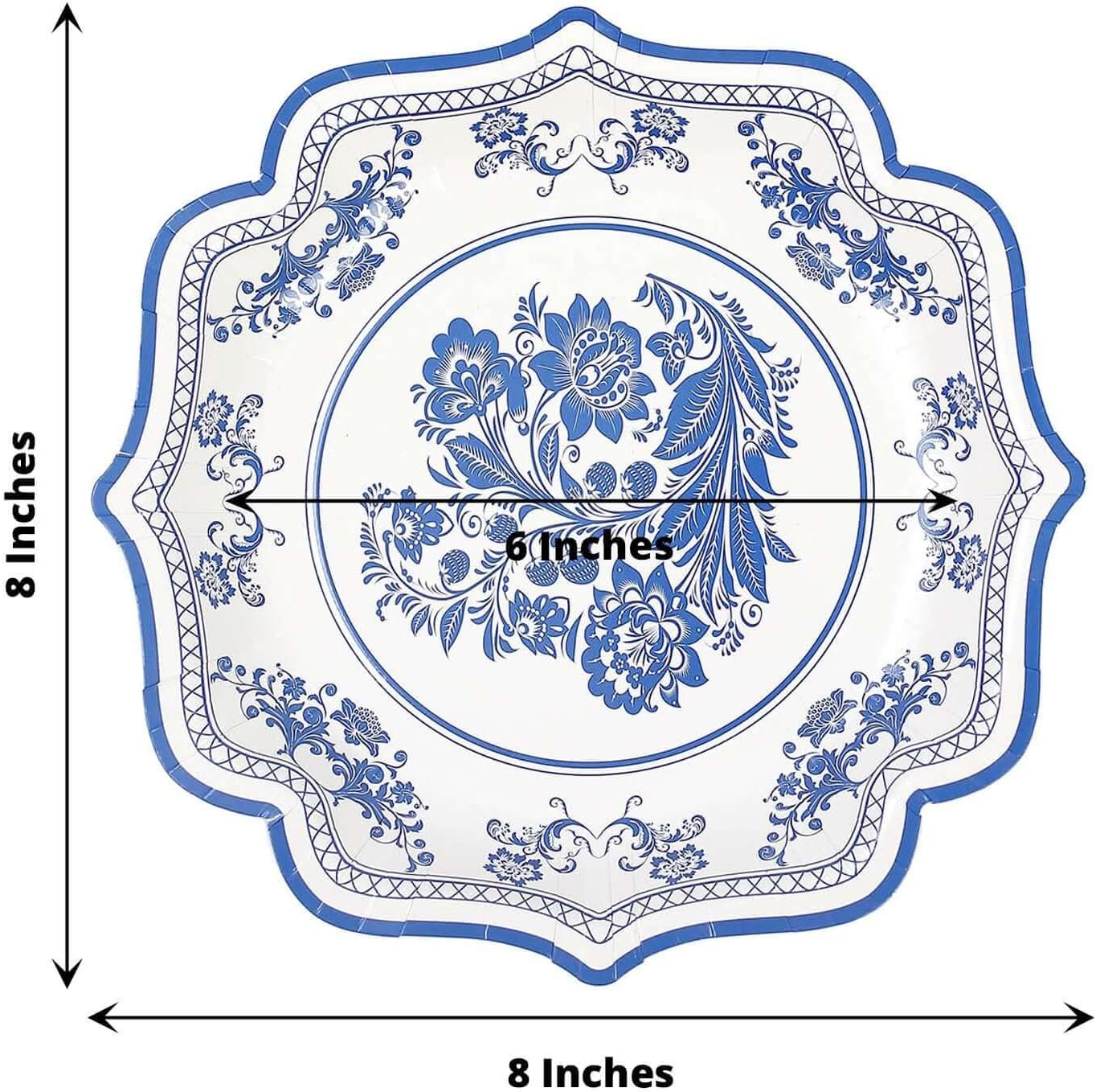Efavormart 25-Pack 8" White and Blue Chinoiserie Floral Paper Plates, 300 GSM Heavy Duty Scalloped Rim Dessert Plates for Coastal Weddings
