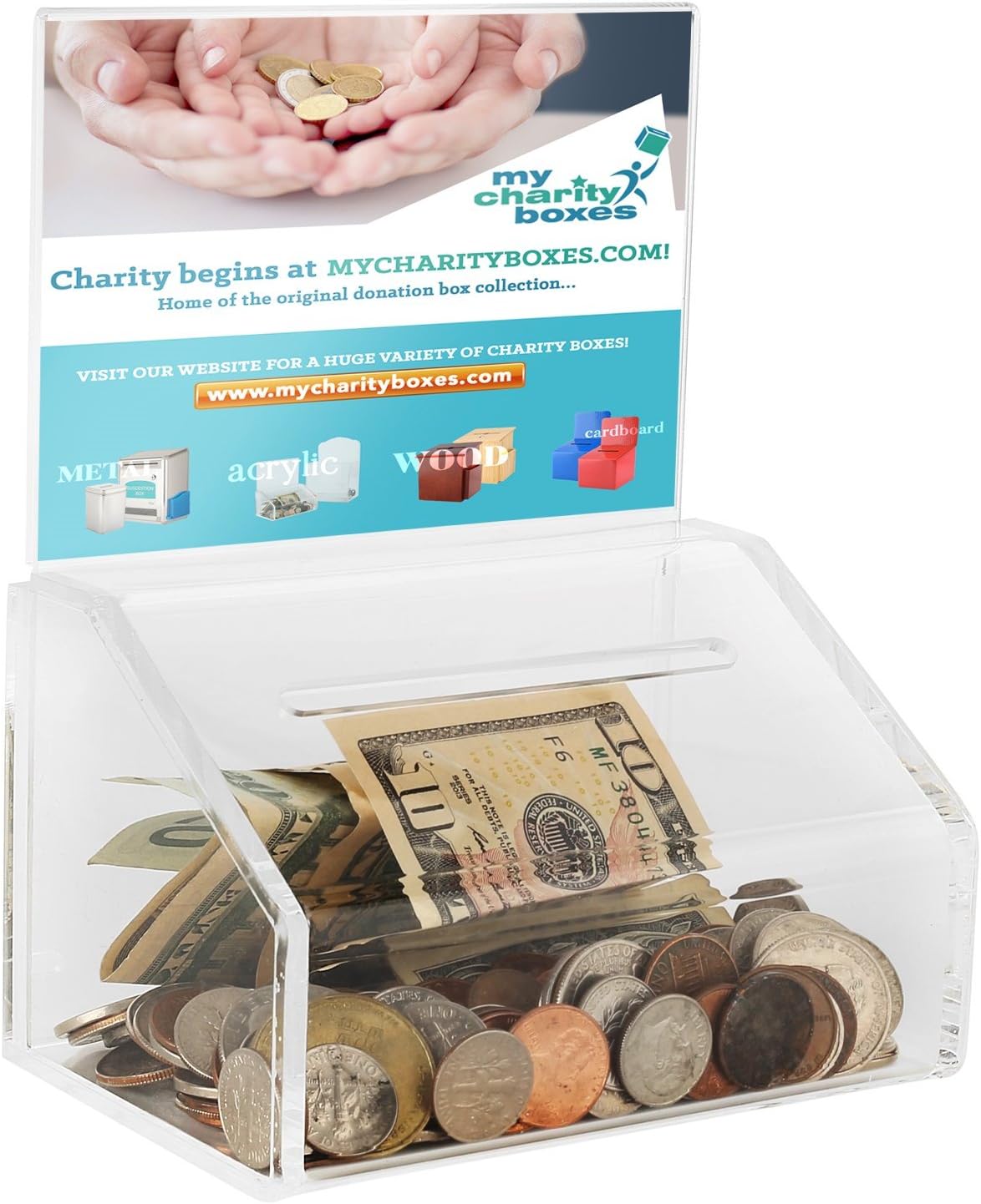 MCB Acrylic Donation & Ballot Box, Voting or Comment Box, Raffles & Drawing, with Display Sign Holder and Safety Lock 8"x 6"x 5" (Clear)