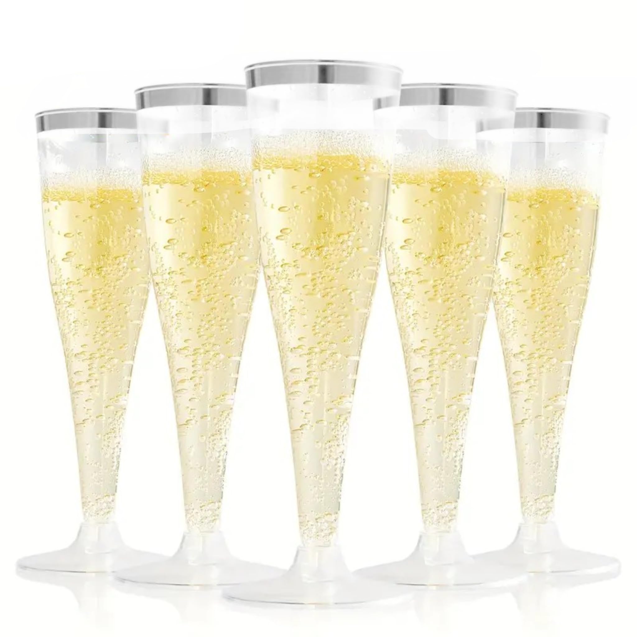 TTFM 50 Count Disposable Plastic Champagne Flutes | 4.5 Oz Mimosa Champagne Glasses | Disposable Glasses For Parties, Wedding | Champagne Toast Glass | Clear Glasses Glitter Glasses (SILVER)
