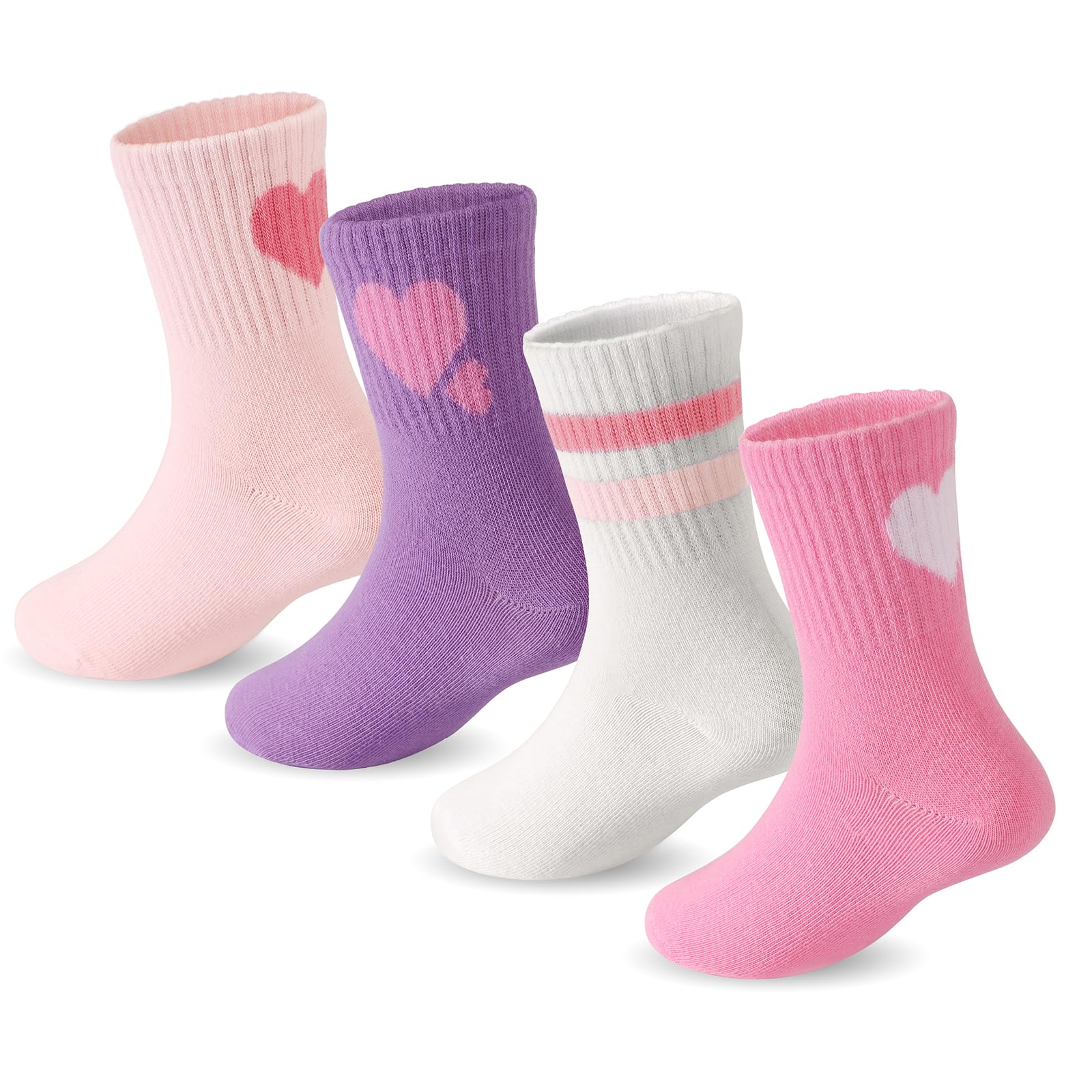 DRESHOW Girls Crew Socks Kids Athletic Socks with Hearts Striped 4 Pairs for Children 4-7 Years