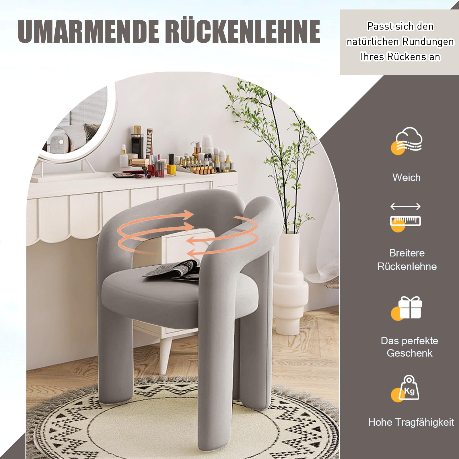 Schminkstuhl aus weichem Plüsch-Samt, Moderner Polsterstuhl mit geschwungener Rückenlehne, Gepolsterter Lounge-Sessel für Schlafzimmer, Wohnzimmer & Schminktisch, 47 × 61 × 78 cm, Grau (Grau)