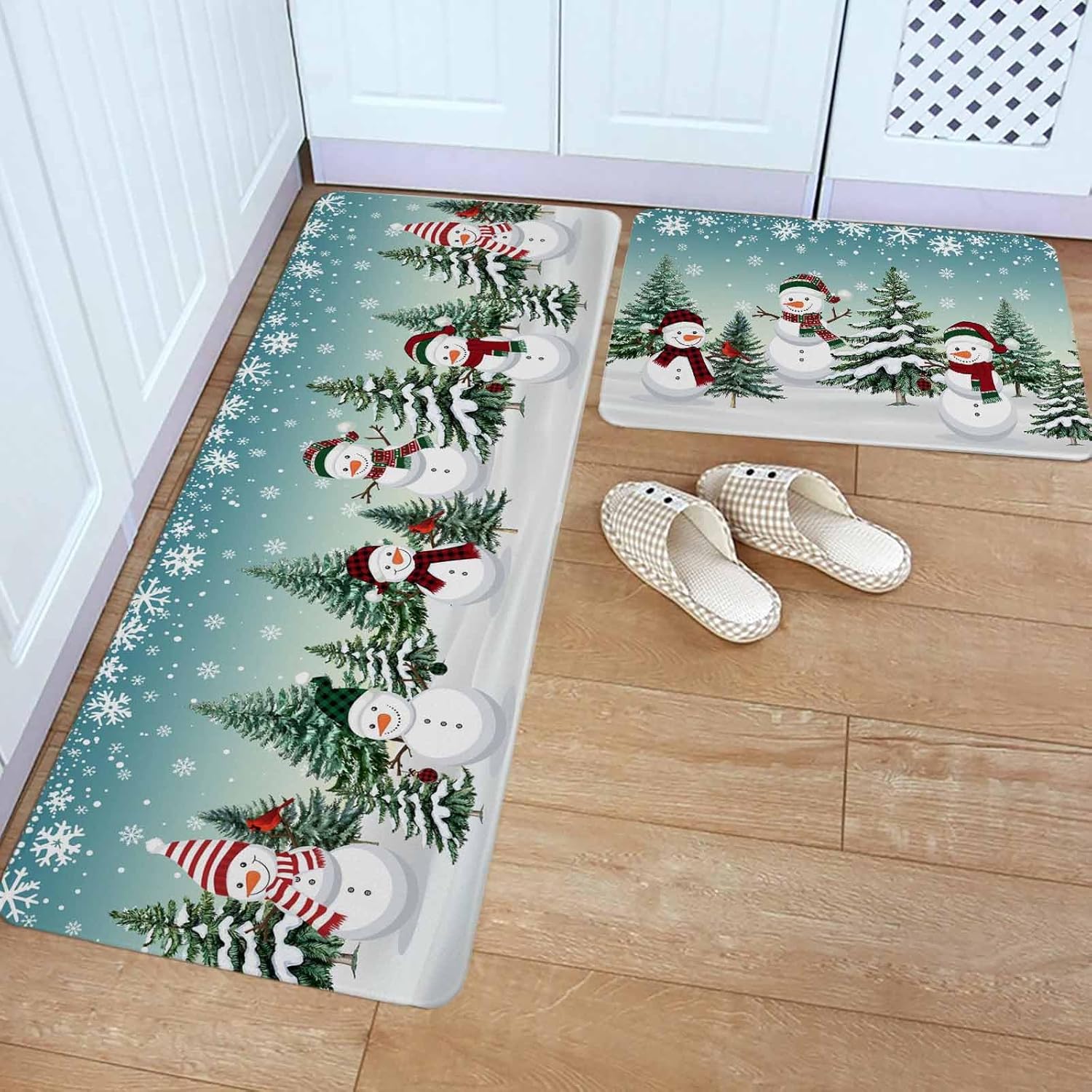 Christmas Snowman Kitchen Rugs and Mats Set of 2, Teal Ombre Xmas Tree Bathroom Rug Non Slip Floor Mat for Laundry, Aurora Merry Christmas Snowflake Cushioned Anti-Fatigue Comfort Mat for Kitchen