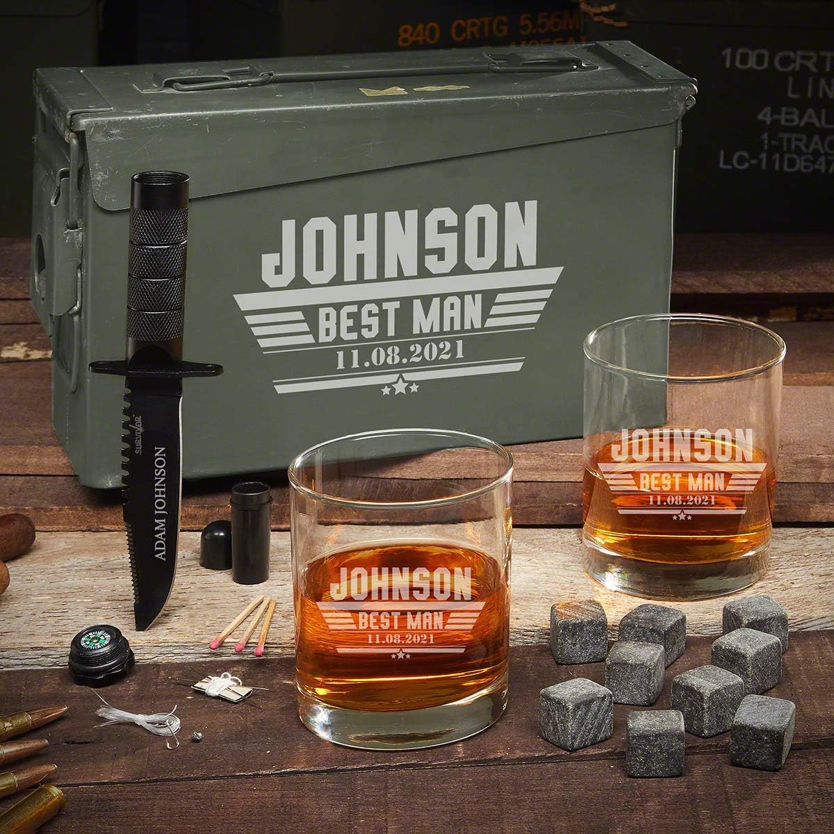 Custom Metal Ammo Box and Whiskey Gift Set with Tactical Pocket Knife for Groomsmen by HomeWetBar - Groomsmen Gift Box