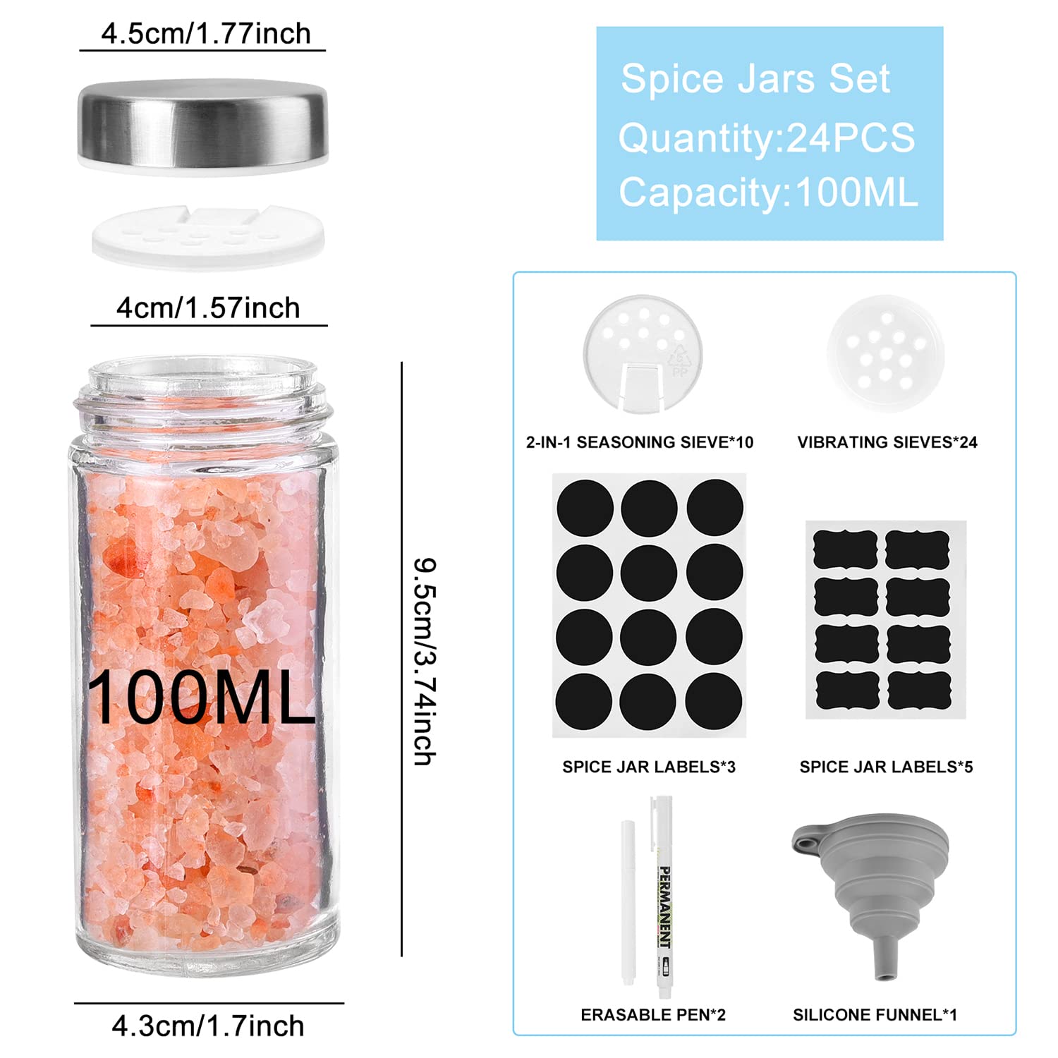Akoatail 24 Glass Spice Jars Bottles, 4oz Round Spice Containers with Airtight Stainless Steel Caps and Shaker Lids, Glass Seasoning Jars Set, 110pcs Black Labels, Silicone Collapsible Funnel and 1Pen