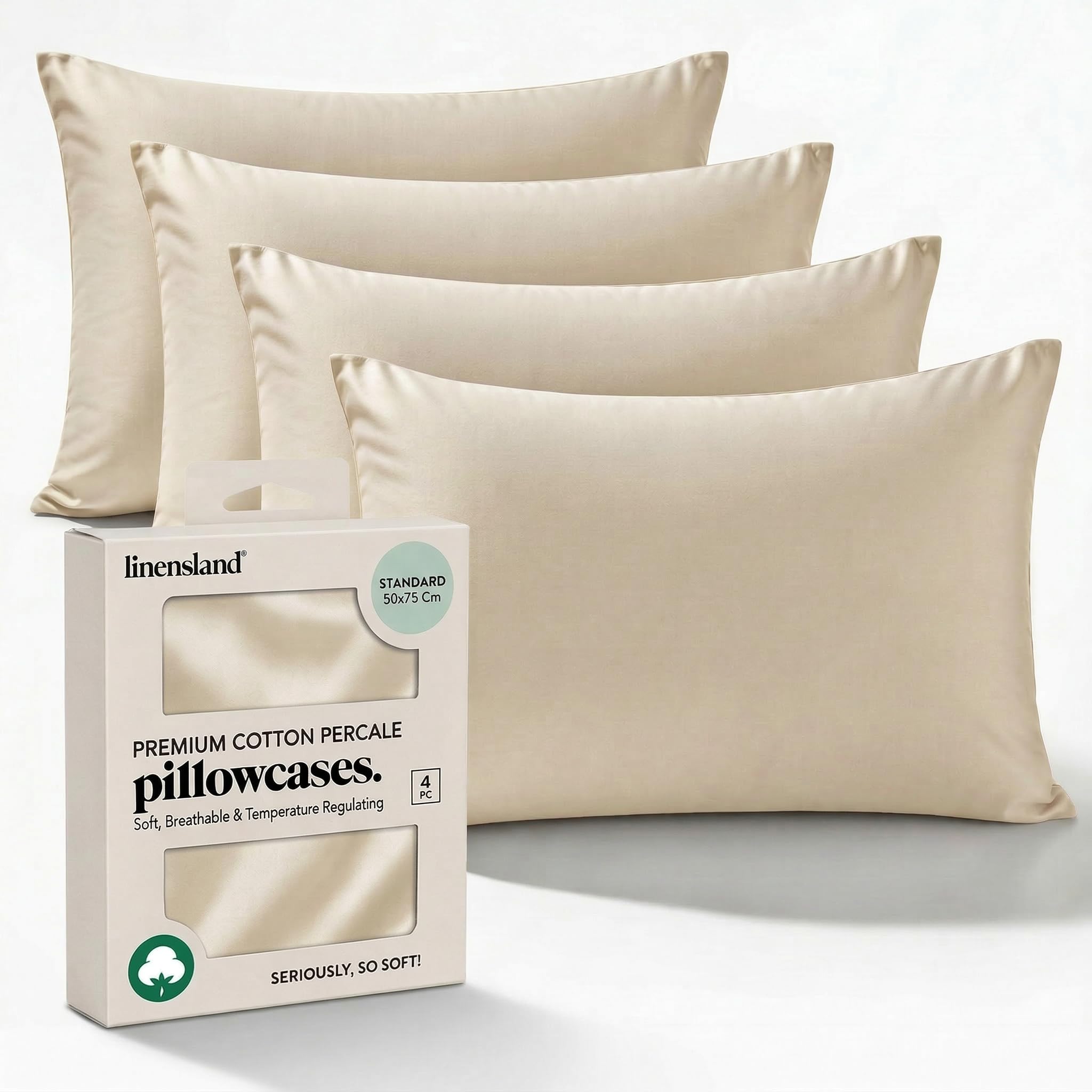 LINENSLAND Pillow cases 250 Thread Count Egyptian Cotton I Premium Hotel Quality Pillow Cases 4 Pack I Soft & Breathable Envelope Closure Design Housewife Pillowcases 50x 75 CM, Cream (4) โ image 1
