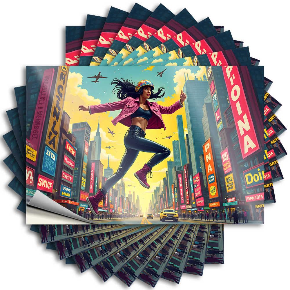 Decal Plastic, Silicone Door Cityscape: Woman in Pink Jacket Soaring Above Neon-lit Metropolis | Sports(8X12CM)