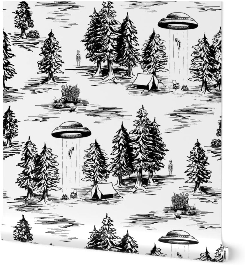 Spoonflower Removable Wallpaper 9ft x 2ft - UFO Whimsical Large Scale Black and White Space Alien Abduction Custom Pre-Pasted Wallpaper