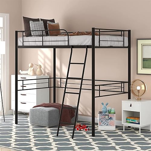Ochangqi Cama alta de metal individual, cama alta de metal resistente con escalera y rieles de protección de alta seguridad, cama loft moderna
