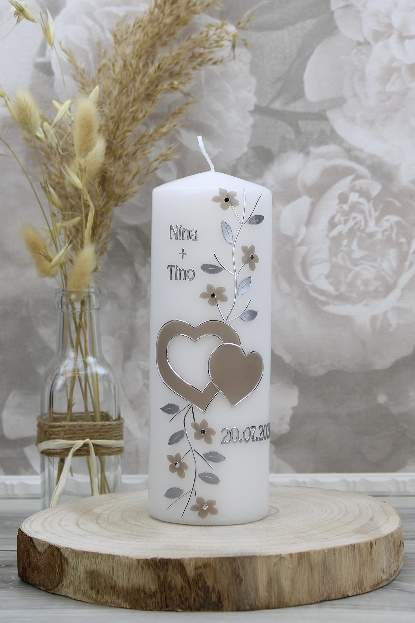 Hochzeitskerze Nina und Tino mit Namen und Datum, individuell, handverziert 1245