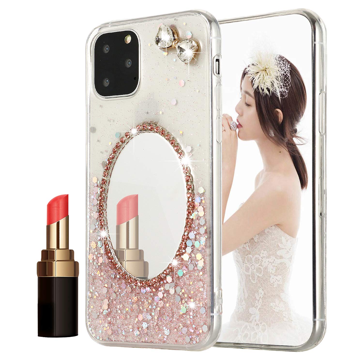 INKOMO Compatible with iPhone 12 Pro / 12 Case, Cute Bling Mirror Makeup Case for Women Glitter Embed Diamond with Soft TPU Crystal Clear Slim Cover Anti Slip for iPhone 12 Pro/ 12 6.1'' (Rose Gold)