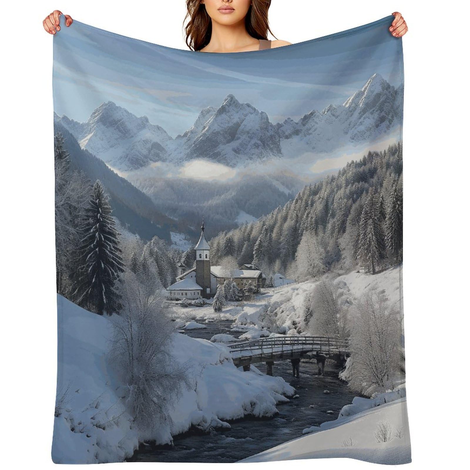 Flannel Winter Landscape in The Bavarian Alps Throw Blanket for Couch Super Soft Fuzzy Cozy Flannel Blankets No Shed No Pilling FAnti-Static Winter Bed Blanket Decorative and Giftable Blankets