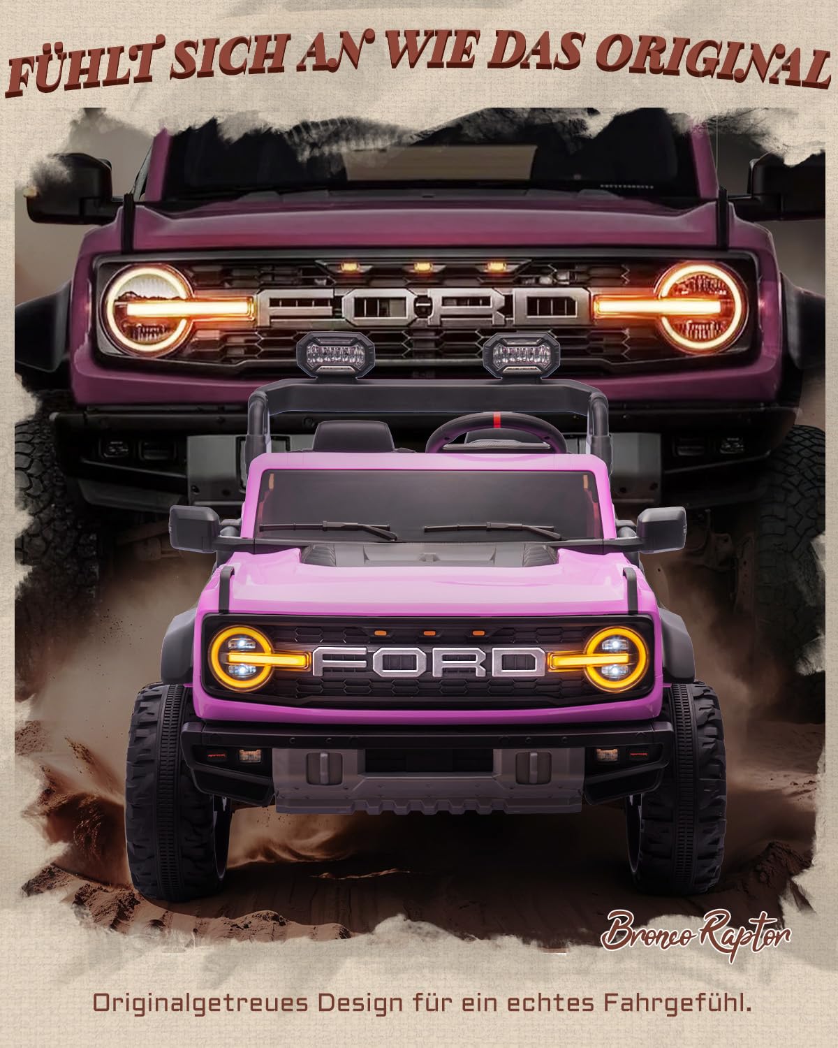 First Ride On Lizenzierter Ford Bronco Raptor, 24V Elektroauto für Kinder, 2-Sitzer Aufsitzauto mit Fernbedienung, LED-Licht, Musik, High/Low Speed (Rosa)