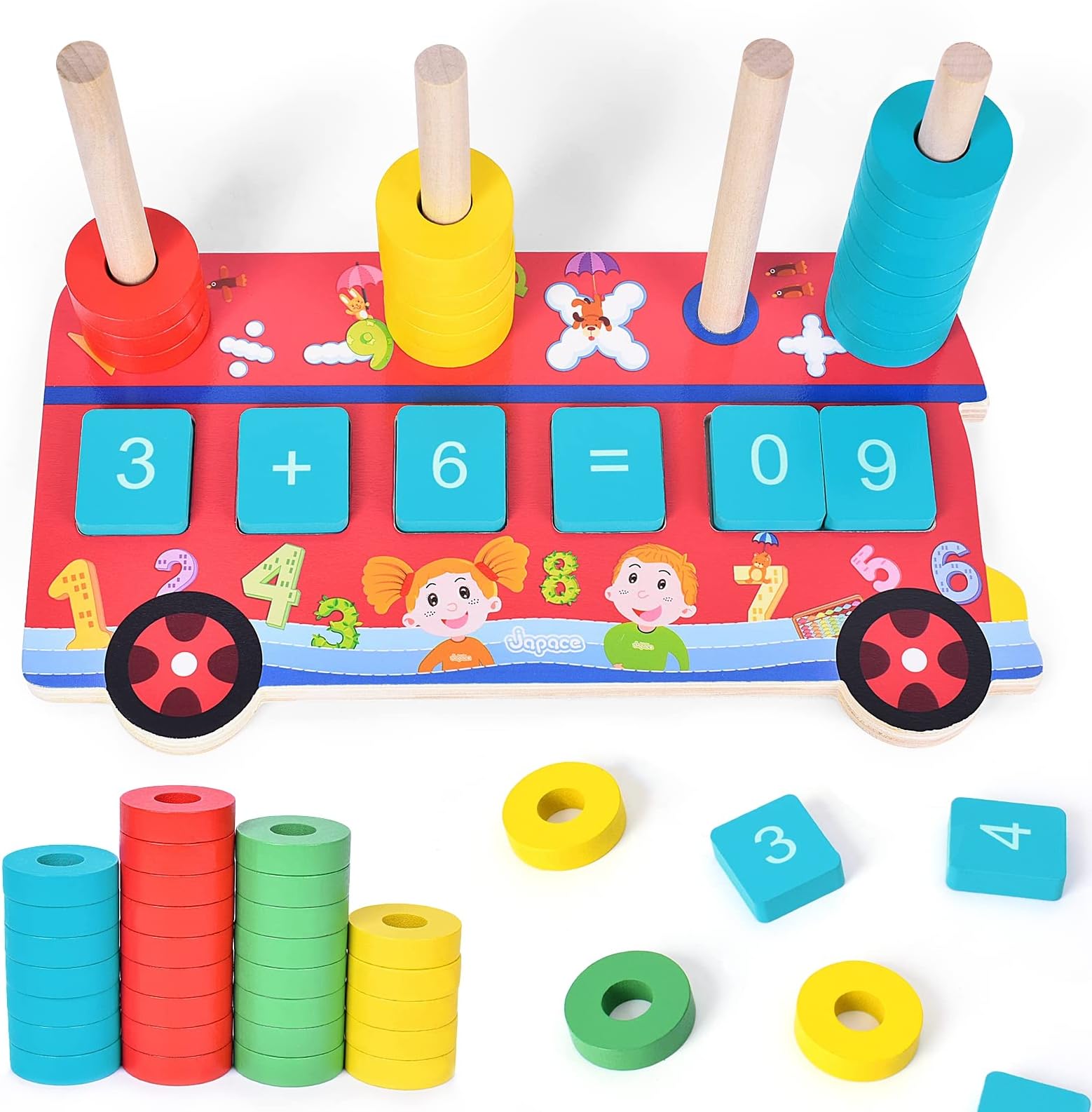 Japace Number Block Wooden Toys, Montessori Educational Toys for 2 3 4 5 Year Olds, Math Learning Toys with Numberblocks Counting Ring, Kids Birthday Gift Math Toys for 3 4 5 6 Year Olds Boys Girls