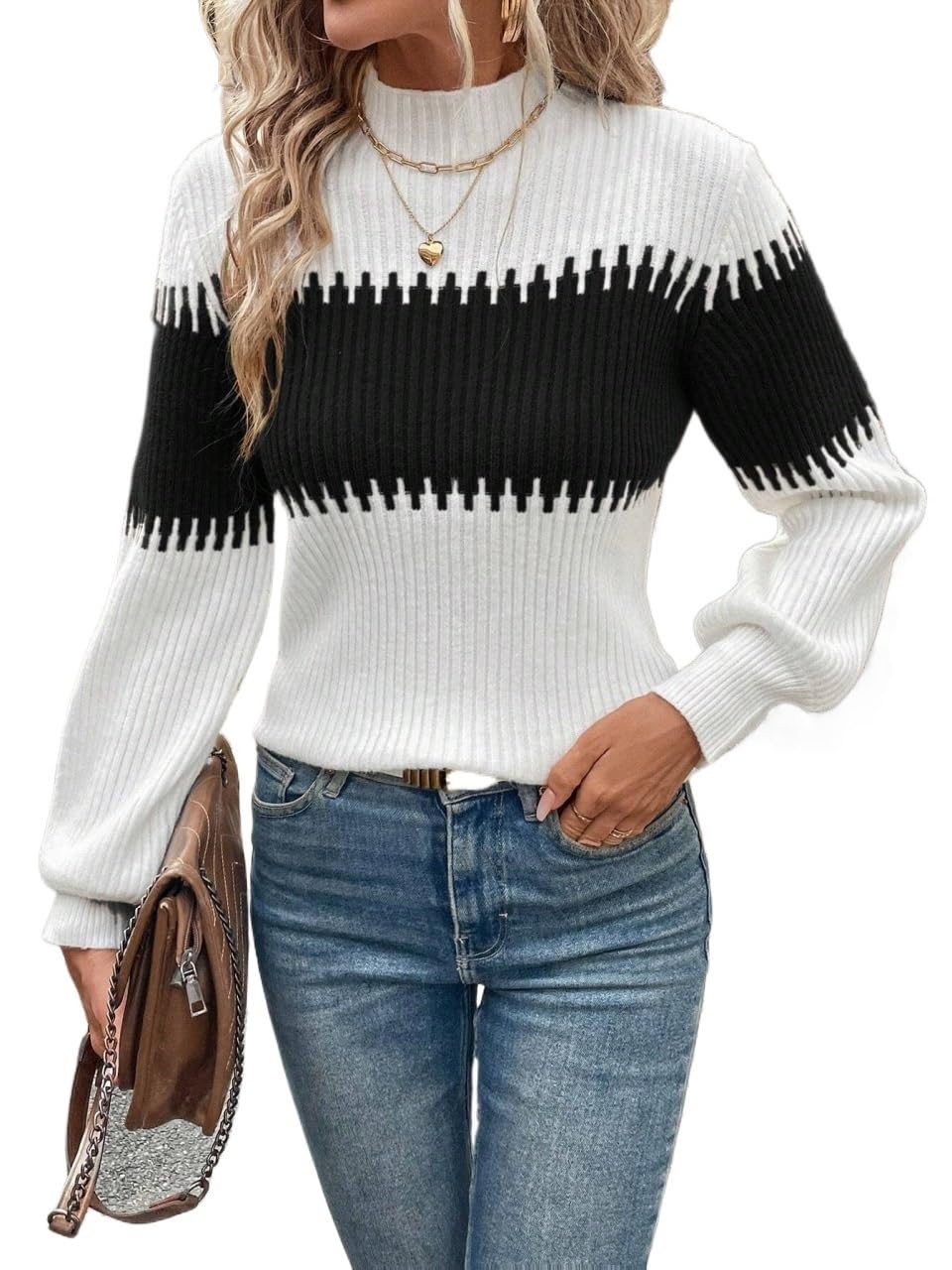 Womens Fall Winter Sweater Tops High Neck Colorblock Lantern Sleeve Casual Commute Pullover Sweaters